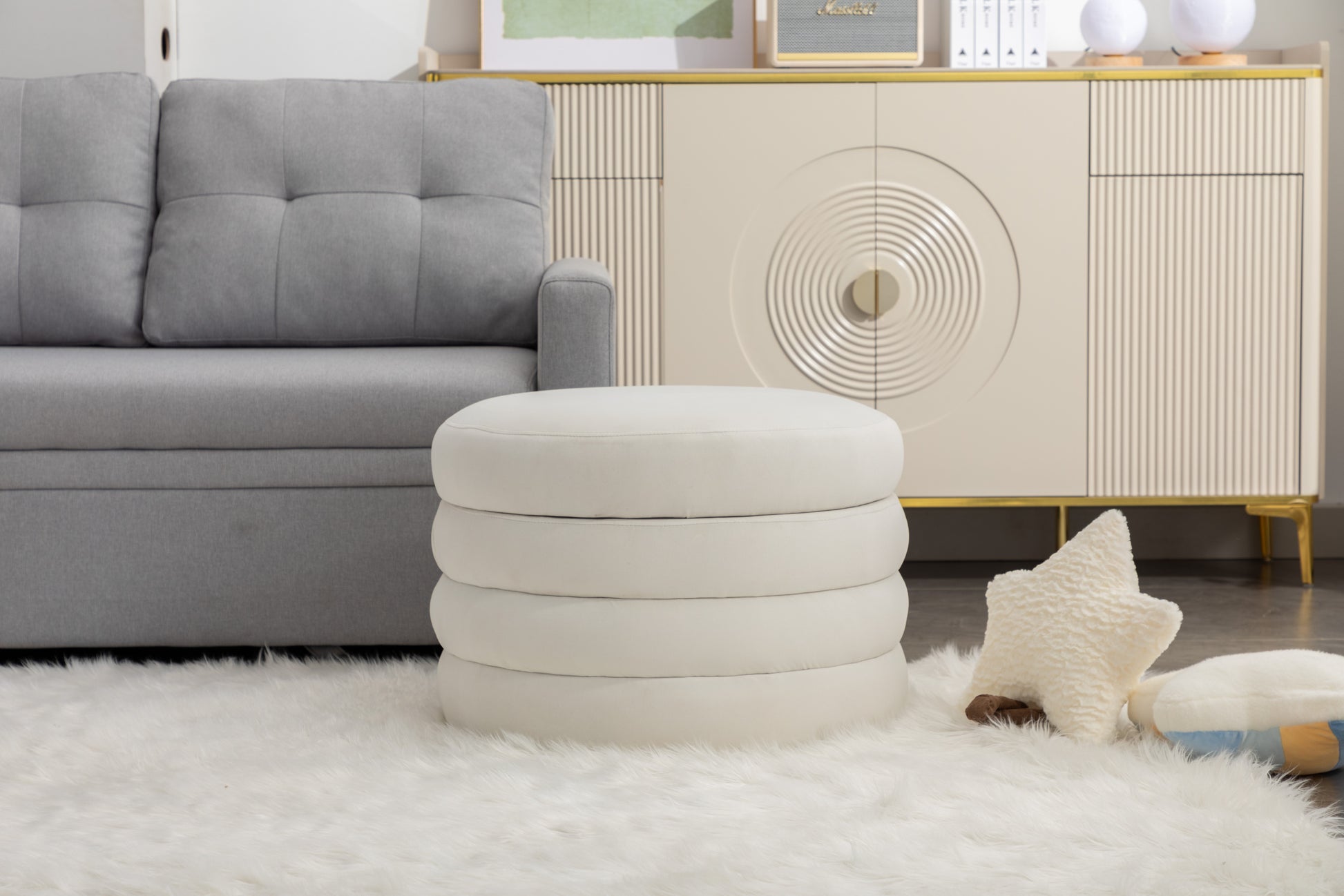 007 Velvet Fabric Storage Round Ottoman Footstool With Wooden Shelving,Ivory White Wood Primary Living Space White Solid Eucalyptus Wood With Storage Ivory Velvet Velvet Backless Soft Modern Flip Top Round Armless Foam Velvet