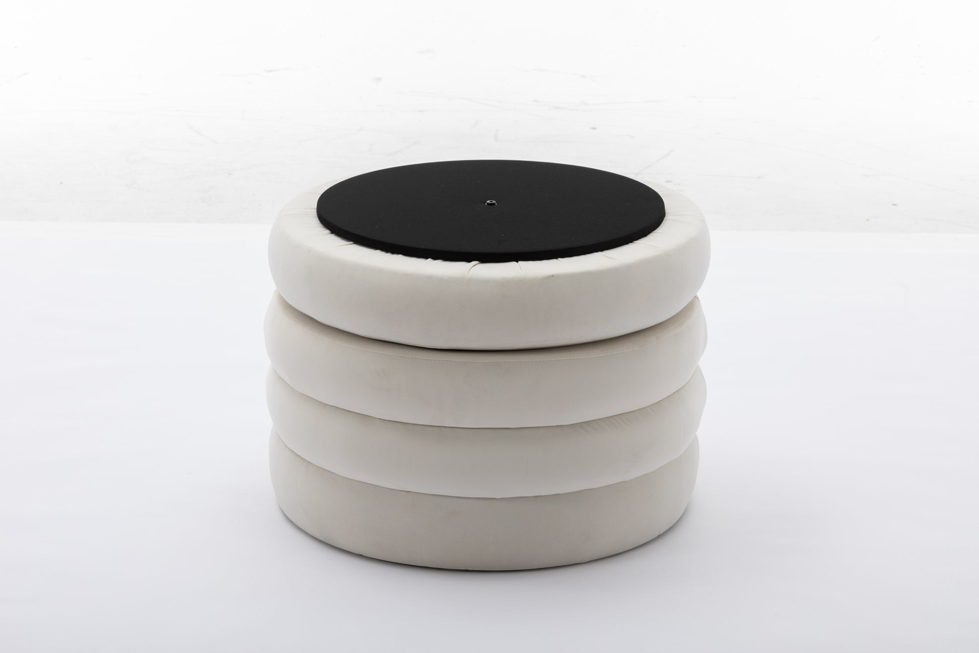 007 Velvet Fabric Storage Round Ottoman Footstool With Wooden Shelving,Ivory White Wood Primary Living Space White Solid Eucalyptus Wood With Storage Ivory Velvet Velvet Backless Soft Modern Flip Top Round Armless Foam Velvet