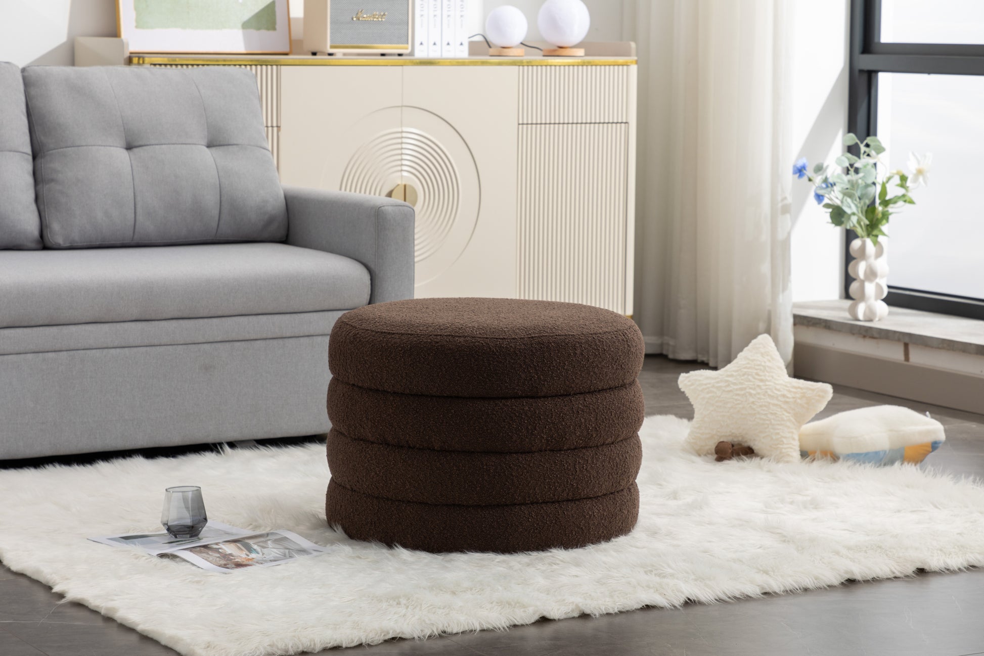 007 Boucle Fabric Storage Round Ottoman Footstool With Wooden Shelving,Brown White Wood Primary Living Space Brown Solid Eucalyptus Wood With Storage Brown Backless Soft Modern Flip Top Round Armless Foam Boucle