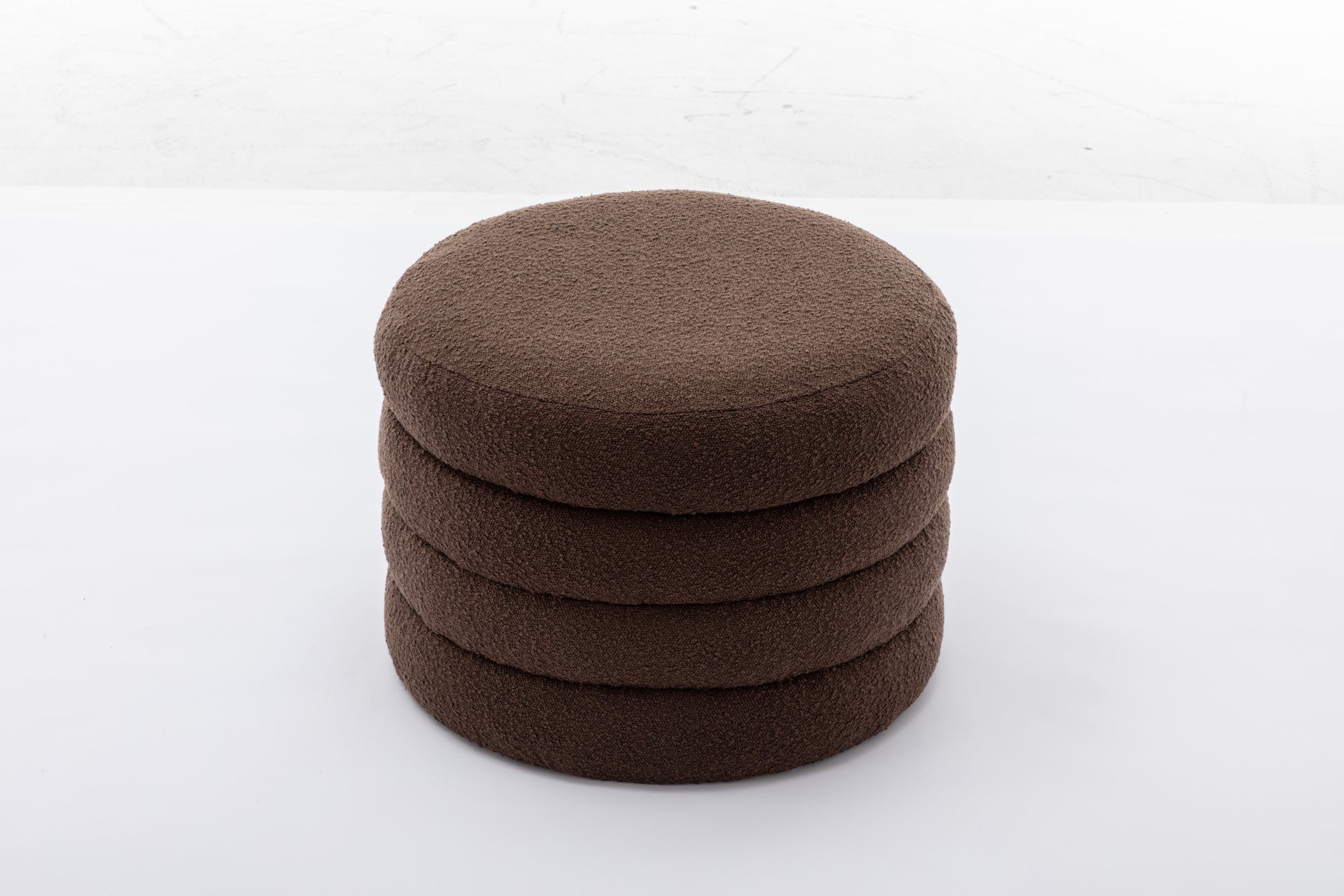 007 Boucle Fabric Storage Round Ottoman Footstool With Wooden Shelving,Brown White Wood Primary Living Space Brown Solid Eucalyptus Wood With Storage Brown Backless Soft Modern Flip Top Round Armless Foam Boucle