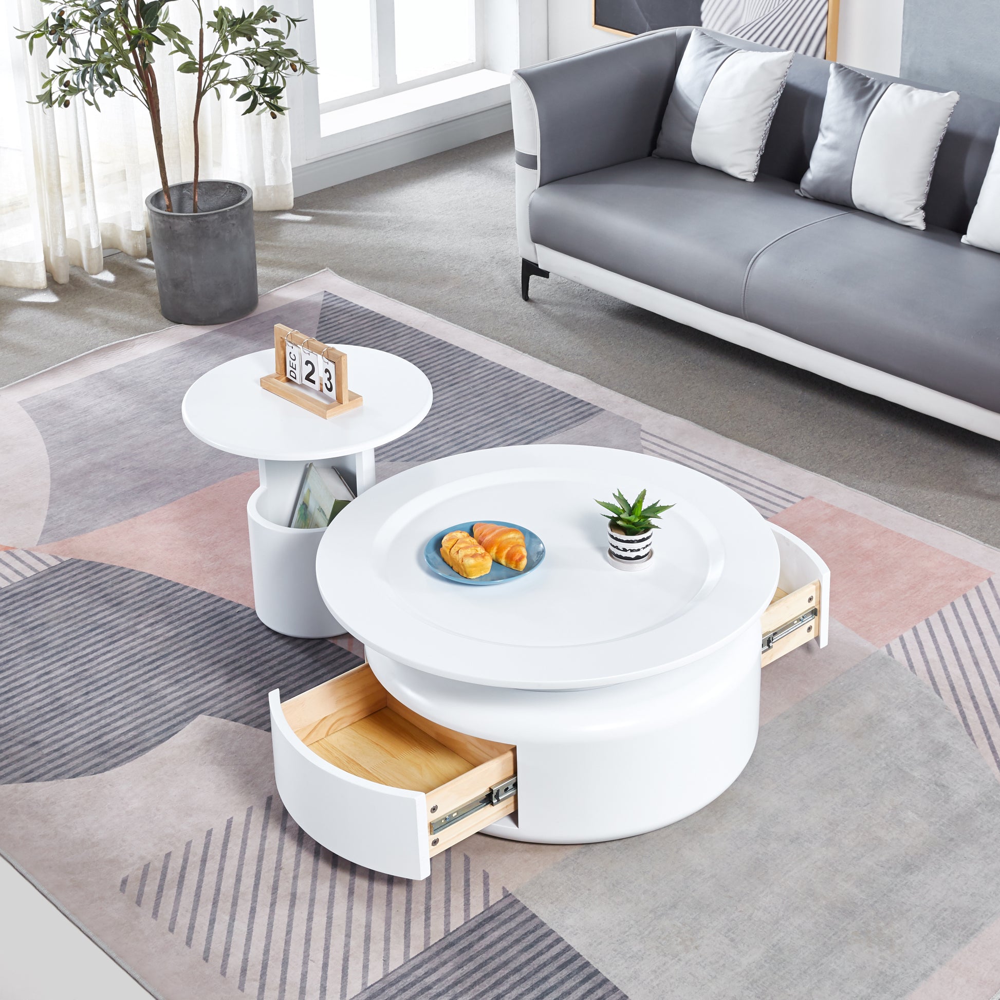 2 Pieces White Mdf Round Coffee Table Set For Living Room, Bedroom White Mdf