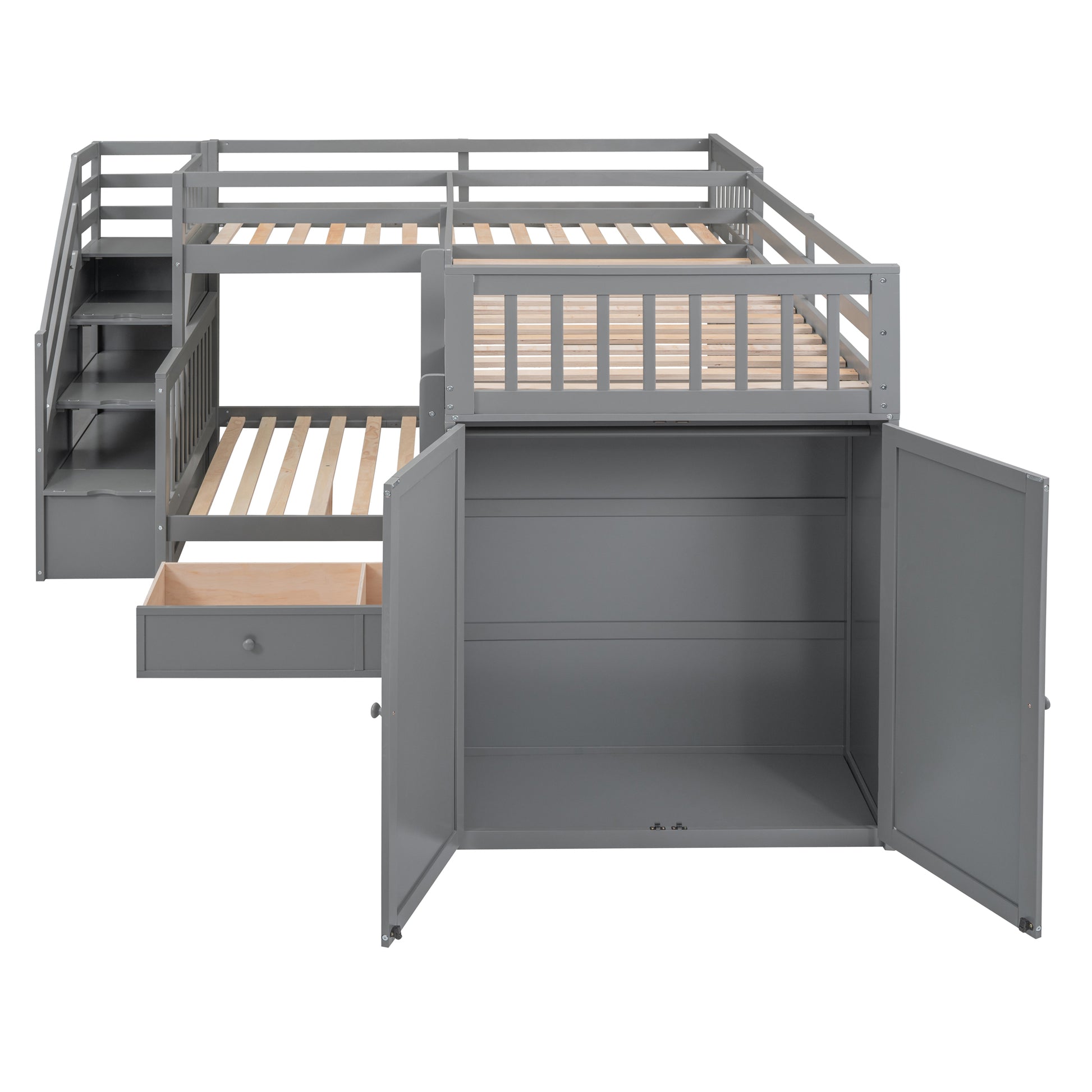 Twin Twin Over Full L Shaped Bunk Bed With 3 Drawers, Portable Desk And Wardrobe, Gray Gray Solid Wood