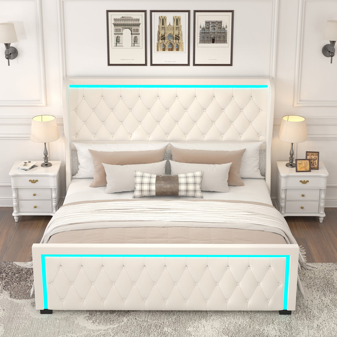 Queen Platform Bed Frame With High Headboard, Velvet Upholstered Bed With Deep Tufted Buttons, Adjustable Colorful Led Light Decorative Headboard, Wide Wingbacks, Beige Queen Beige Velvet