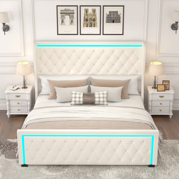 Queen Platform Bed Frame With High Headboard, Velvet Upholstered Bed With Deep Tufted Buttons, Adjustable Colorful Led Light Decorative Headboard, Wide Wingbacks, Beige Queen Beige Velvet