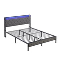 Full Bed Frame With Storage Headboard, Charging Station And Led Lights, Upholstered Platform Bed With Heavy Metal Slats, No Box Spring Needed, Noise Free, Easy Assembly, Dark Gray Box Spring Not Required Full Gray Metal Bedroom Bed Frame Metal