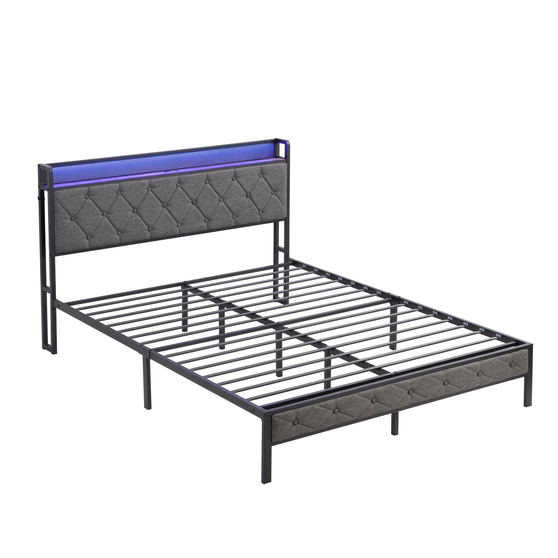 Full Bed Frame With Storage Headboard, Charging Station And Led Lights, Upholstered Platform Bed With Heavy Metal Slats, No Box Spring Needed, Noise Free, Easy Assembly, Dark Gray Box Spring Not Required Full Gray Metal Bedroom Bed Frame Metal