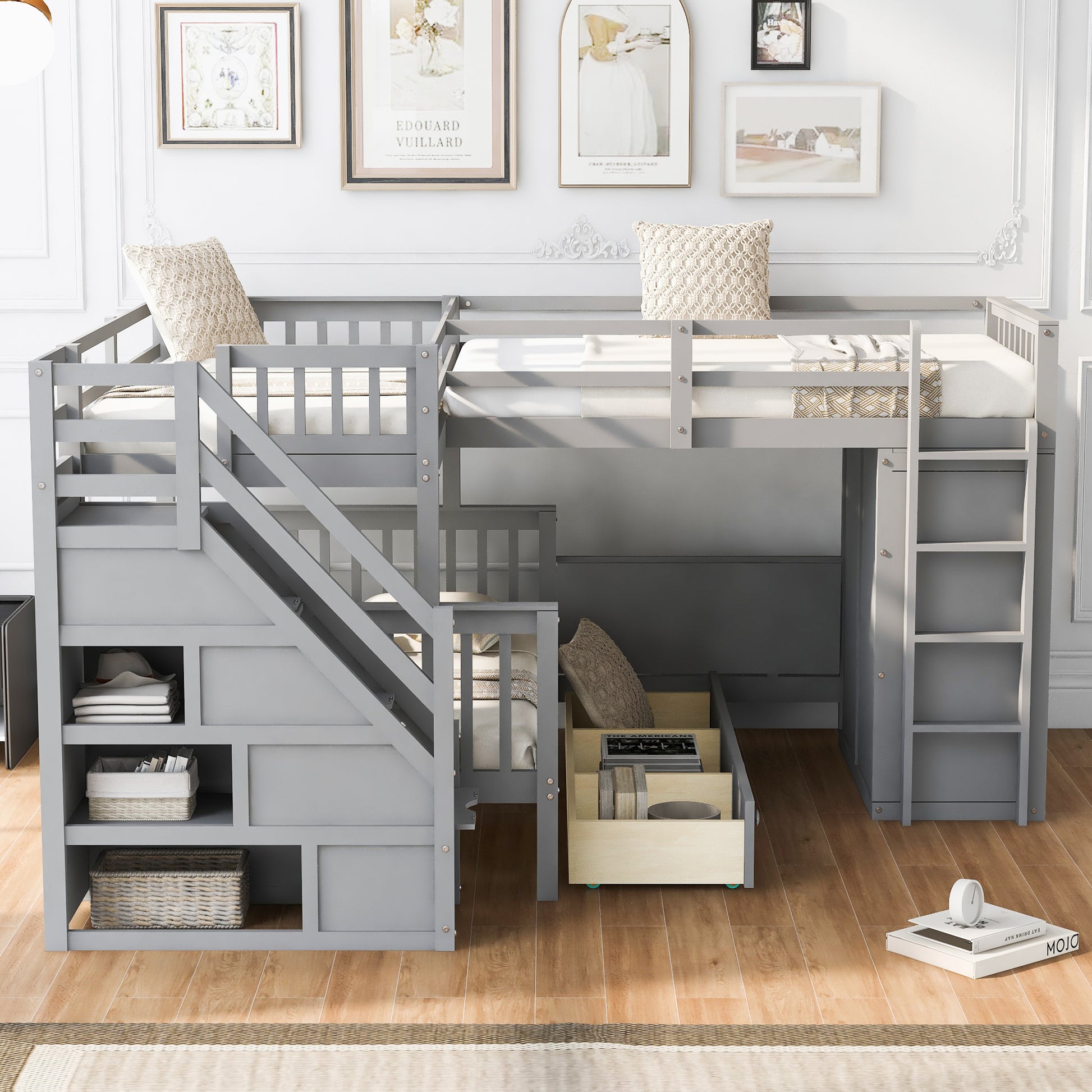 Twin Twin Over Full L Shaped Bunk Bed With 3 Drawers, Portable Desk And Wardrobe, Gray Gray Solid Wood