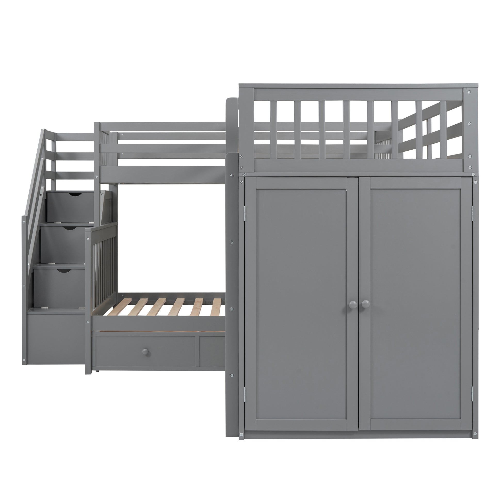 Twin Twin Over Full L Shaped Bunk Bed With 3 Drawers, Portable Desk And Wardrobe, Gray Gray Solid Wood