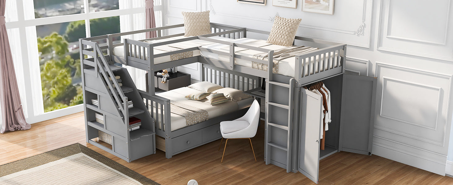 Twin Twin Over Full L Shaped Bunk Bed With 3 Drawers, Portable Desk And Wardrobe, Gray Gray Solid Wood