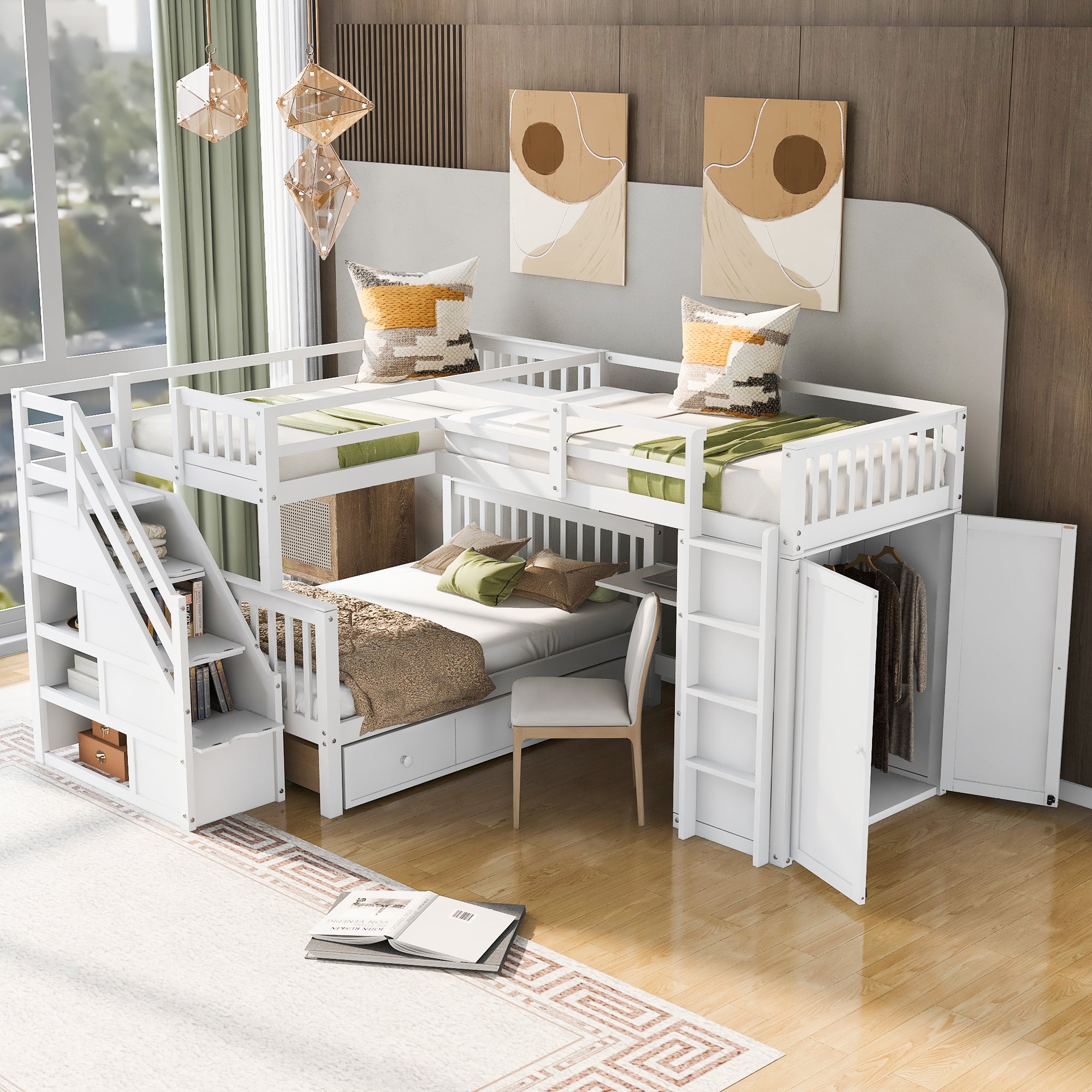 Twin Twin Over Full L Shaped Bunk Bed With 3 Drawers, Portable Desk And Wardrobe, White White Solid Wood