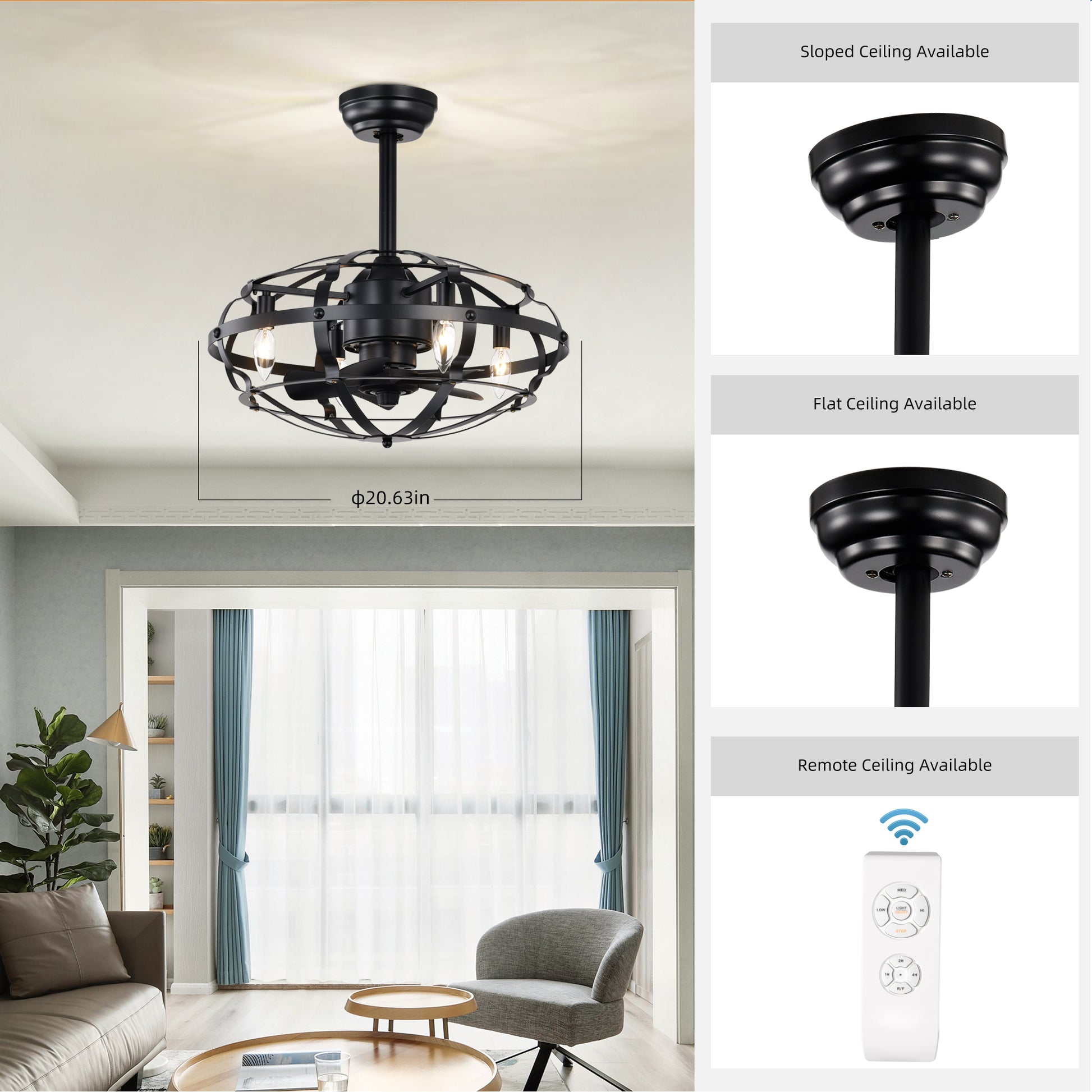 Hot Sell Industrial Ceiling Fan Light Kit For Living Room Bedroom Kitchen And Bladeless Caged Ceiling Fan With Lights Matte Black Abs Metal