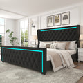 Queen Platform Bed Frame With High Headboard, Velvet Upholstered Bed With Deep Tufted Buttons, Adjustable Colorful Led Light Decorative Headboard, Wide Wingbacks,Black Queen Black Velvet