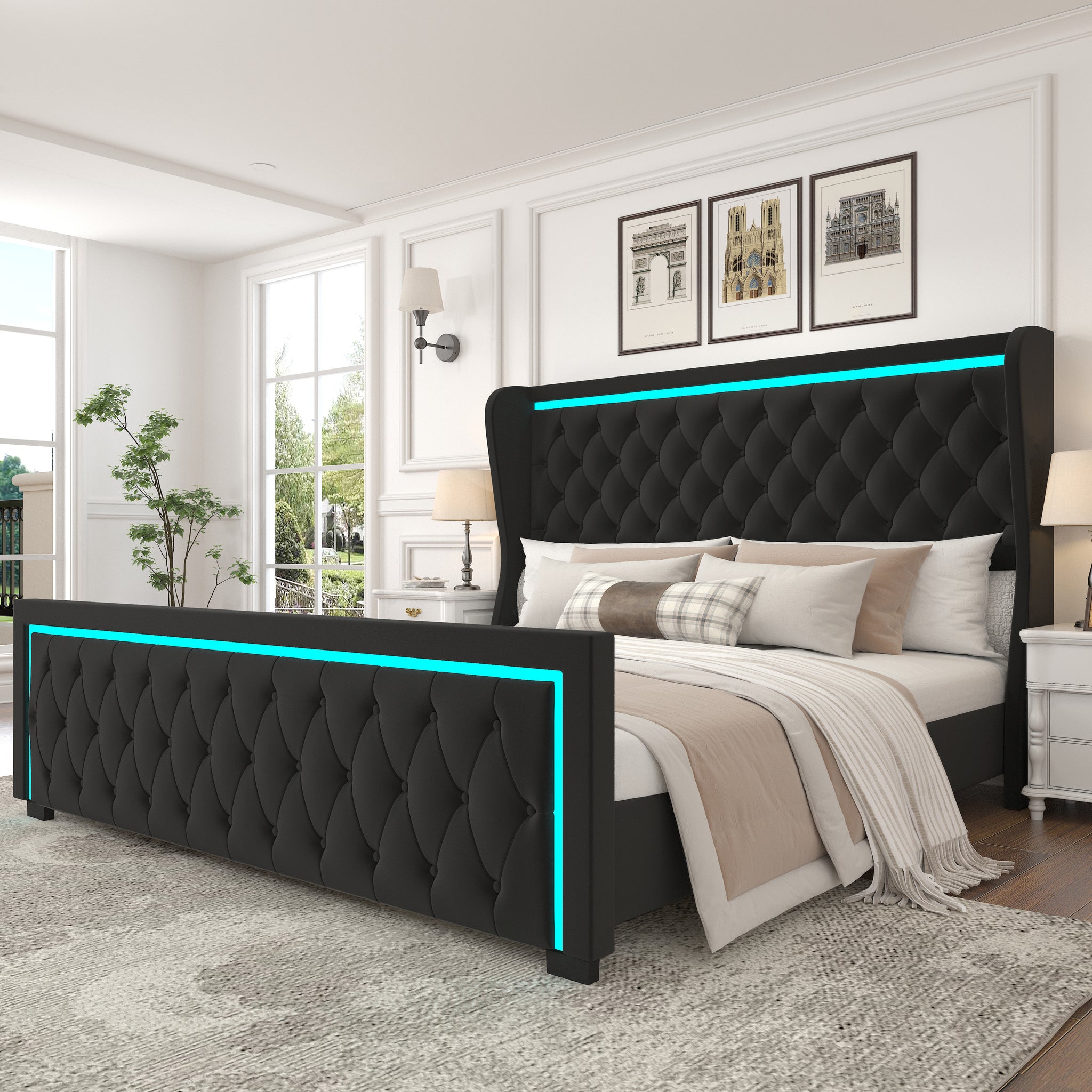 King Platform Bed Frame With High Headboard, Velvet Upholstered Bed With Deep Tufted Buttons, Adjustable Colorful Led Light Decorative Headboard, Wide Wingbacks, Black King Black Velvet