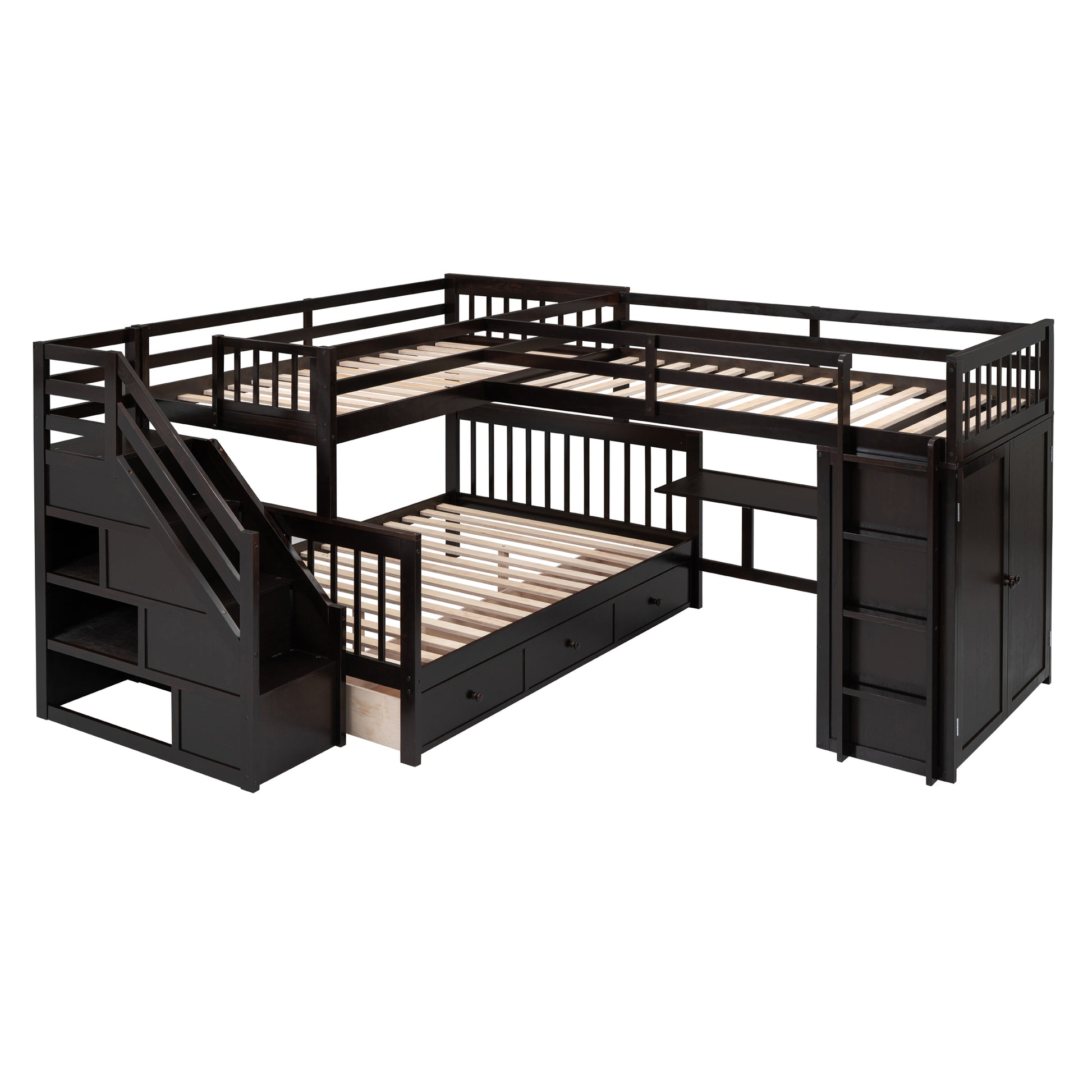 Twin Twin Over Full L Shaped Bunk Bed With 3 Drawers, Portable Desk And Wardrobe, Espresso Espresso Solid Wood