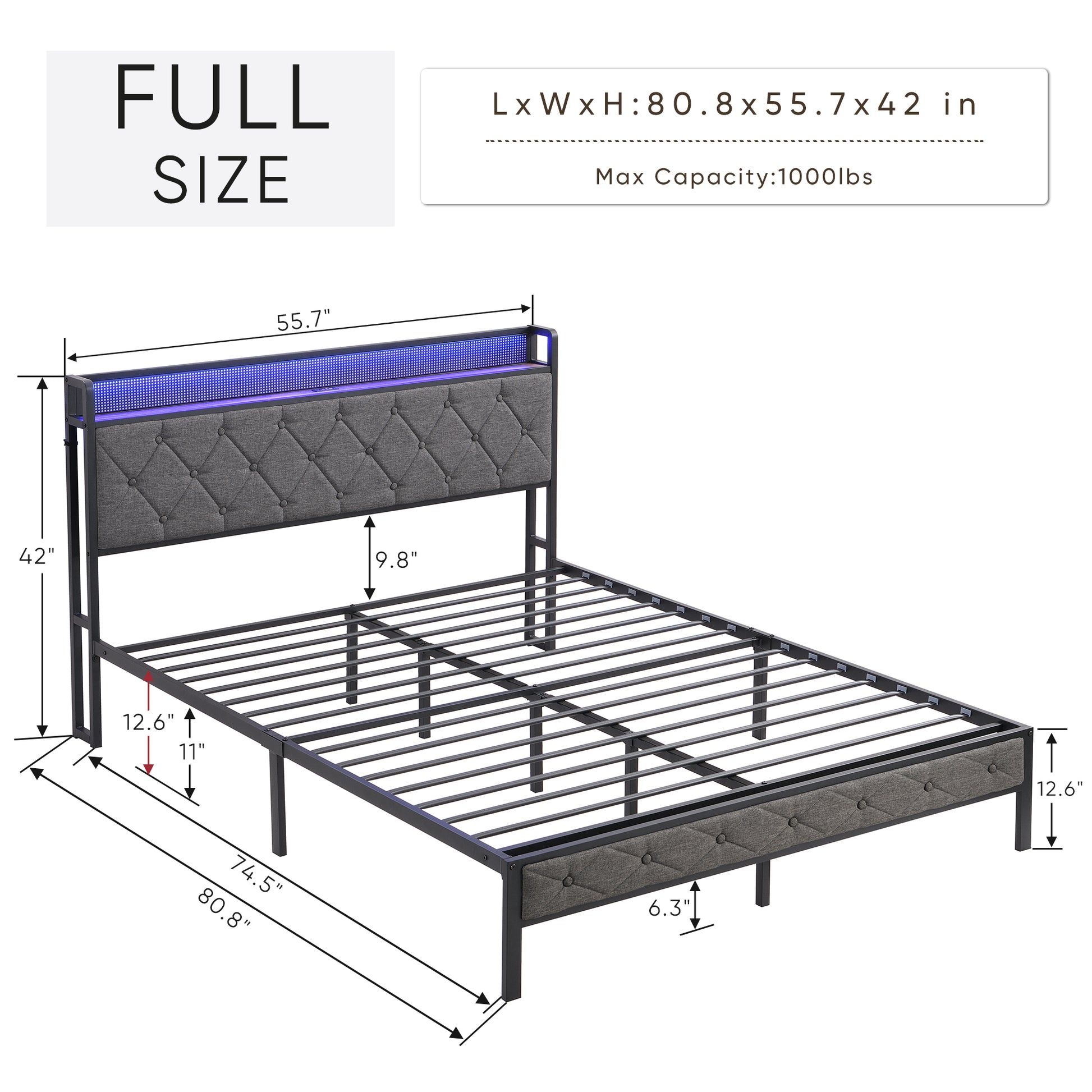 Full Bed Frame With Storage Headboard, Charging Station And Led Lights, Upholstered Platform Bed With Heavy Metal Slats, No Box Spring Needed, Noise Free, Easy Assembly, Dark Gray Box Spring Not Required Full Gray Metal Bedroom Bed Frame Metal