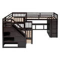 Twin Twin Over Full L Shaped Bunk Bed With 3 Drawers, Portable Desk And Wardrobe, Espresso Espresso Solid Wood