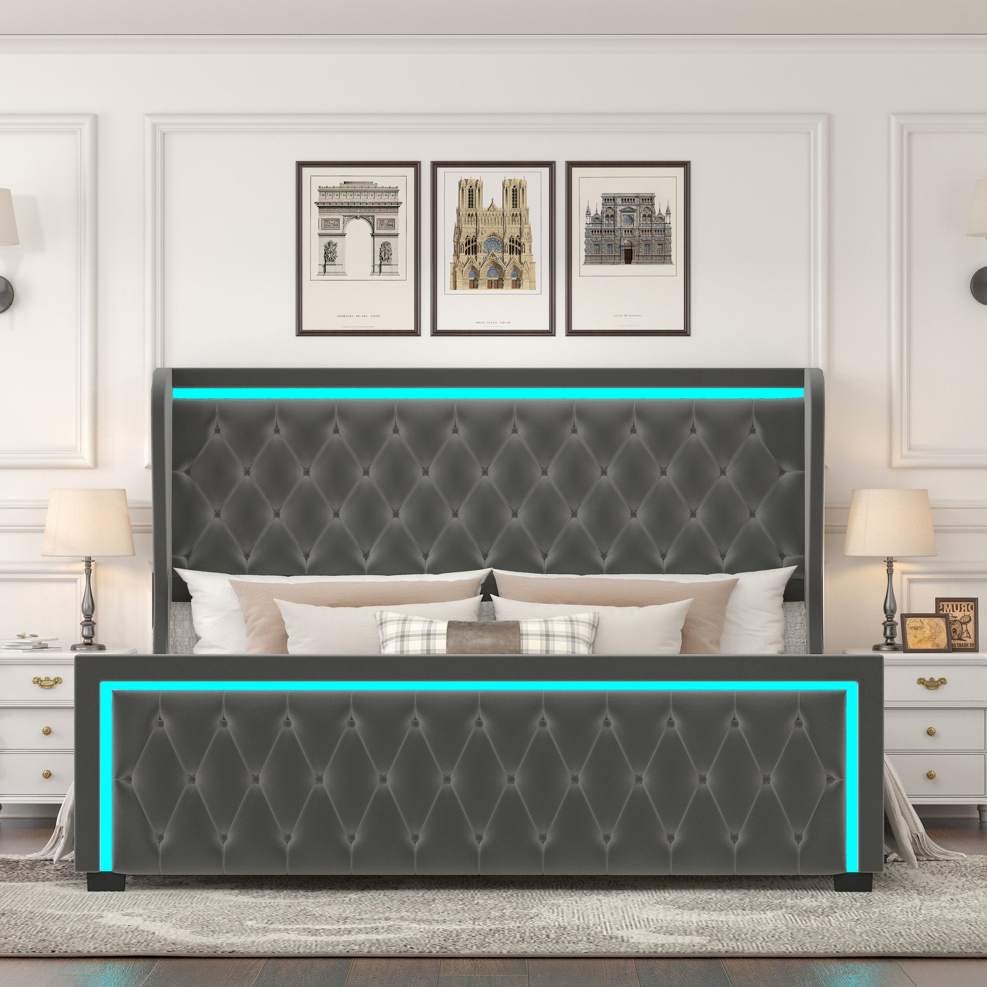 King Platform Bed Frame With High Headboard, Velvet Upholstered Bed With Deep Tufted Buttons, Adjustable Colorful Led Light Decorative Headboard, Wide Wingbacks, Grey King Grey Velvet