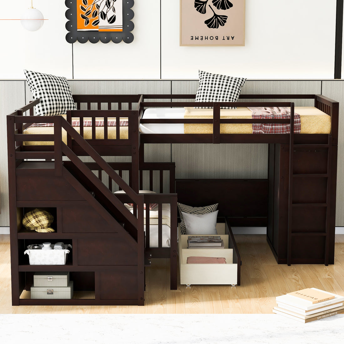 Twin Twin Over Full L Shaped Bunk Bed With 3 Drawers, Portable Desk And Wardrobe, Espresso Espresso Solid Wood