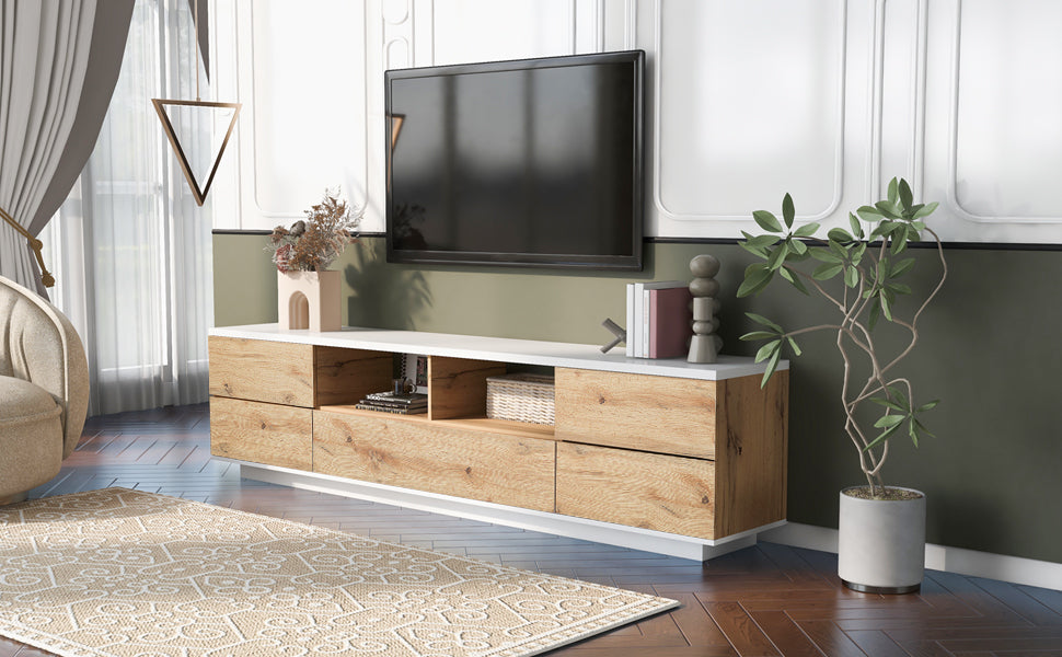 Modern Tv Stand For Tvs Up To 80''Media Console With Multi Functional Storage, Entertainment Center With Door Rebound Device, Tv Cabinet For Living Room,Bedroom White Natural Primary Living Space 70 79 Inches 70 79 Inches 75 Inches Mdf Metal