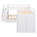 Twin Twin Over Full L Shaped Bunk Bed With 3 Drawers, Portable Desk And Wardrobe, White White Solid Wood