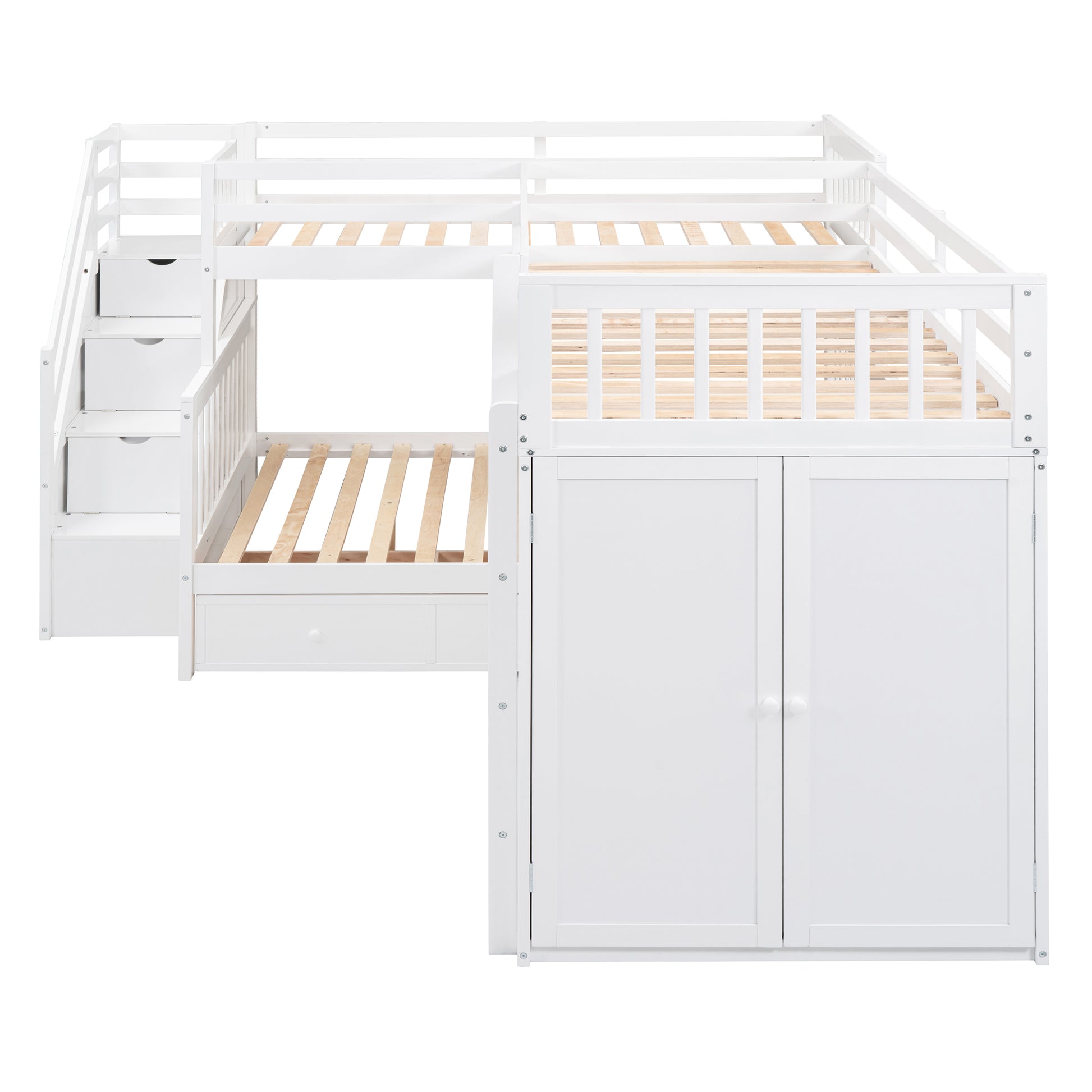 Twin Twin Over Full L Shaped Bunk Bed With 3 Drawers, Portable Desk And Wardrobe, White White Solid Wood