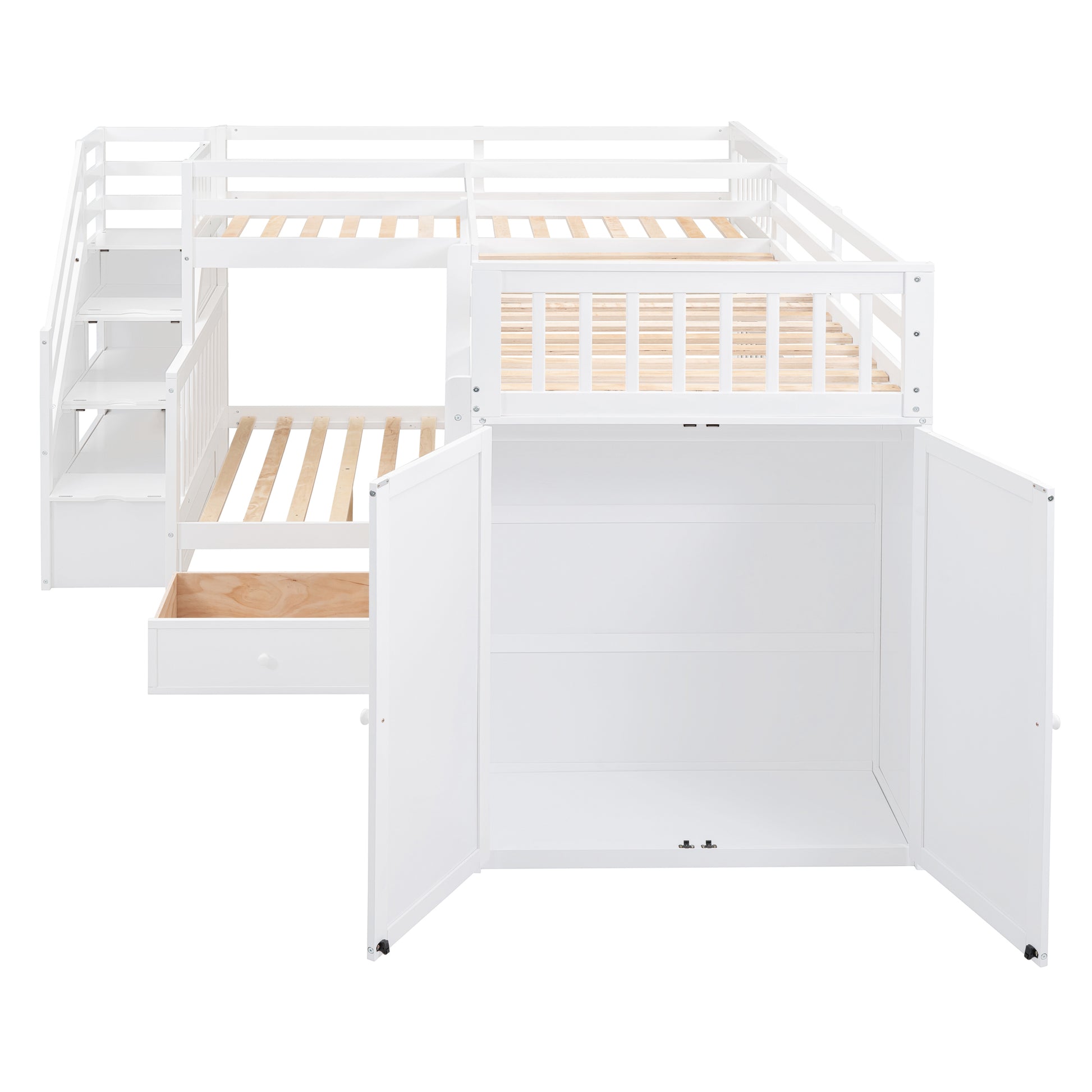 Twin Twin Over Full L Shaped Bunk Bed With 3 Drawers, Portable Desk And Wardrobe, White White Solid Wood