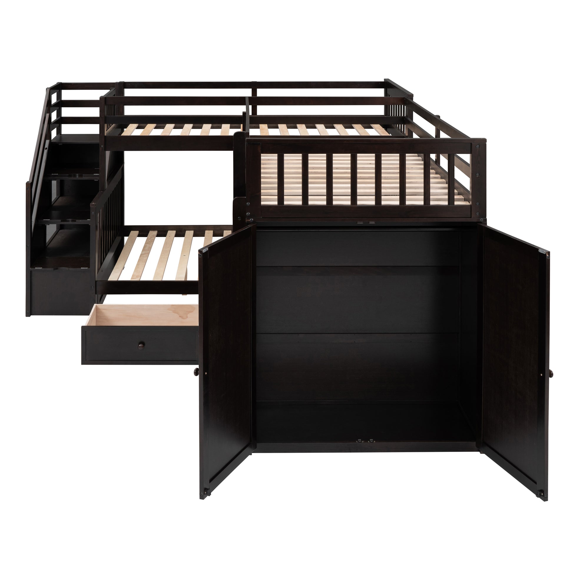 Twin Twin Over Full L Shaped Bunk Bed With 3 Drawers, Portable Desk And Wardrobe, Espresso Espresso Solid Wood