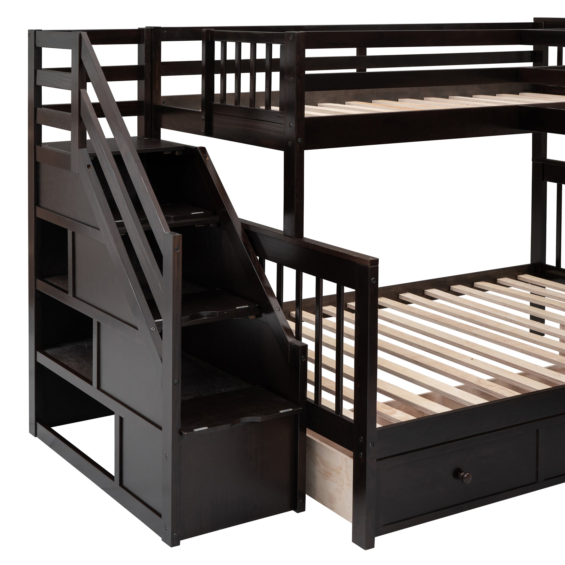 Twin Twin Over Full L Shaped Bunk Bed With 3 Drawers, Portable Desk And Wardrobe, Espresso Espresso Solid Wood