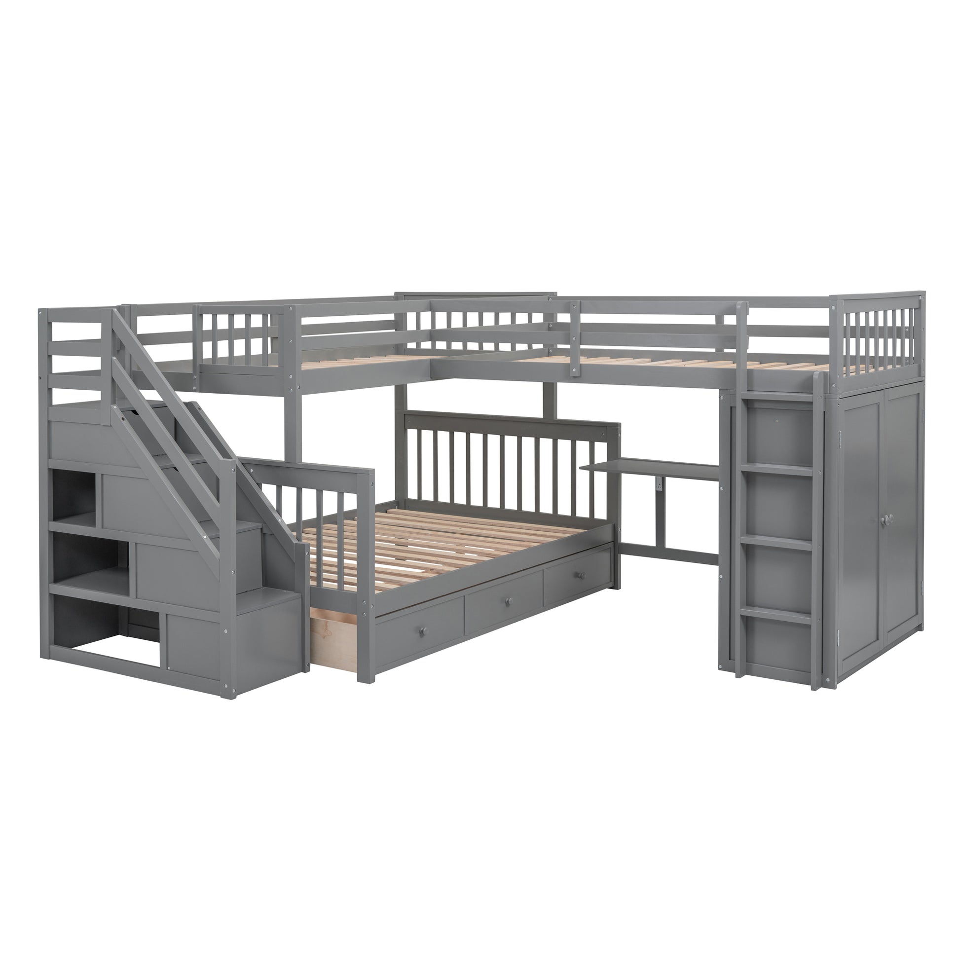 Twin Twin Over Full L Shaped Bunk Bed With 3 Drawers, Portable Desk And Wardrobe, Gray Gray Solid Wood