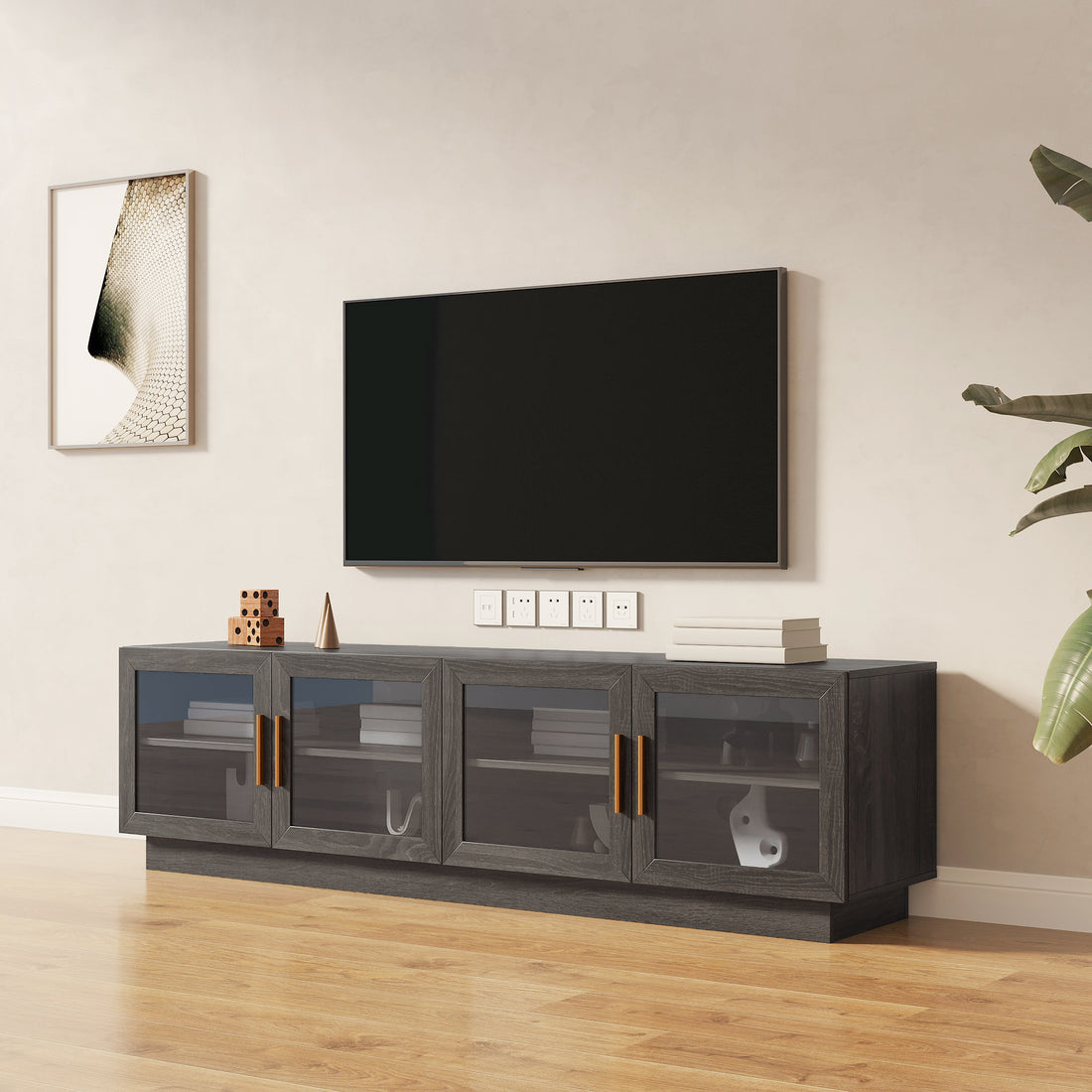 70.87" Tv Standmodern Tv Cabinet & Entertainment Center With Shelves, Wood Storage Cabinet For Living Room Or Bedroom Brown Gray Mdf