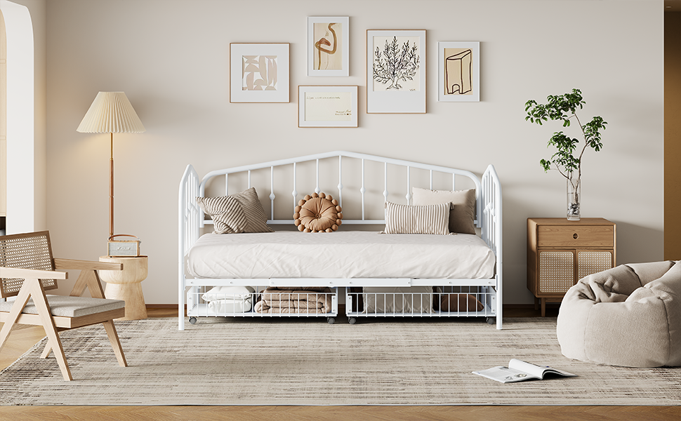 Twin Size Stylish Metal Daybed With 2 Drawers, White White Iron