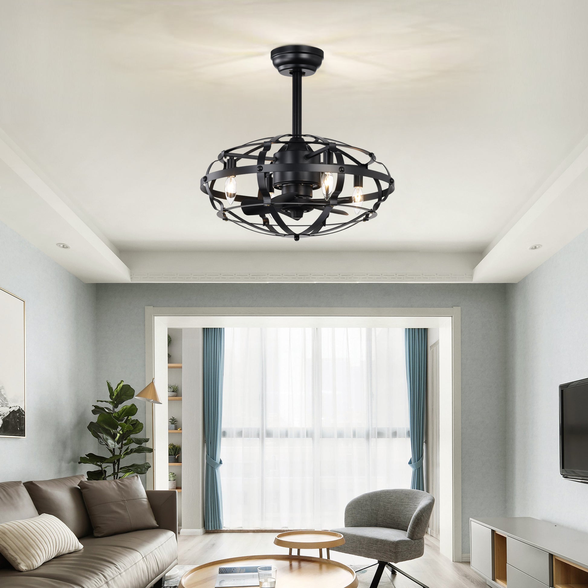 Hot Sell Industrial Ceiling Fan Light Kit For Living Room Bedroom Kitchen And Bladeless Caged Ceiling Fan With Lights Matte Black Abs Metal