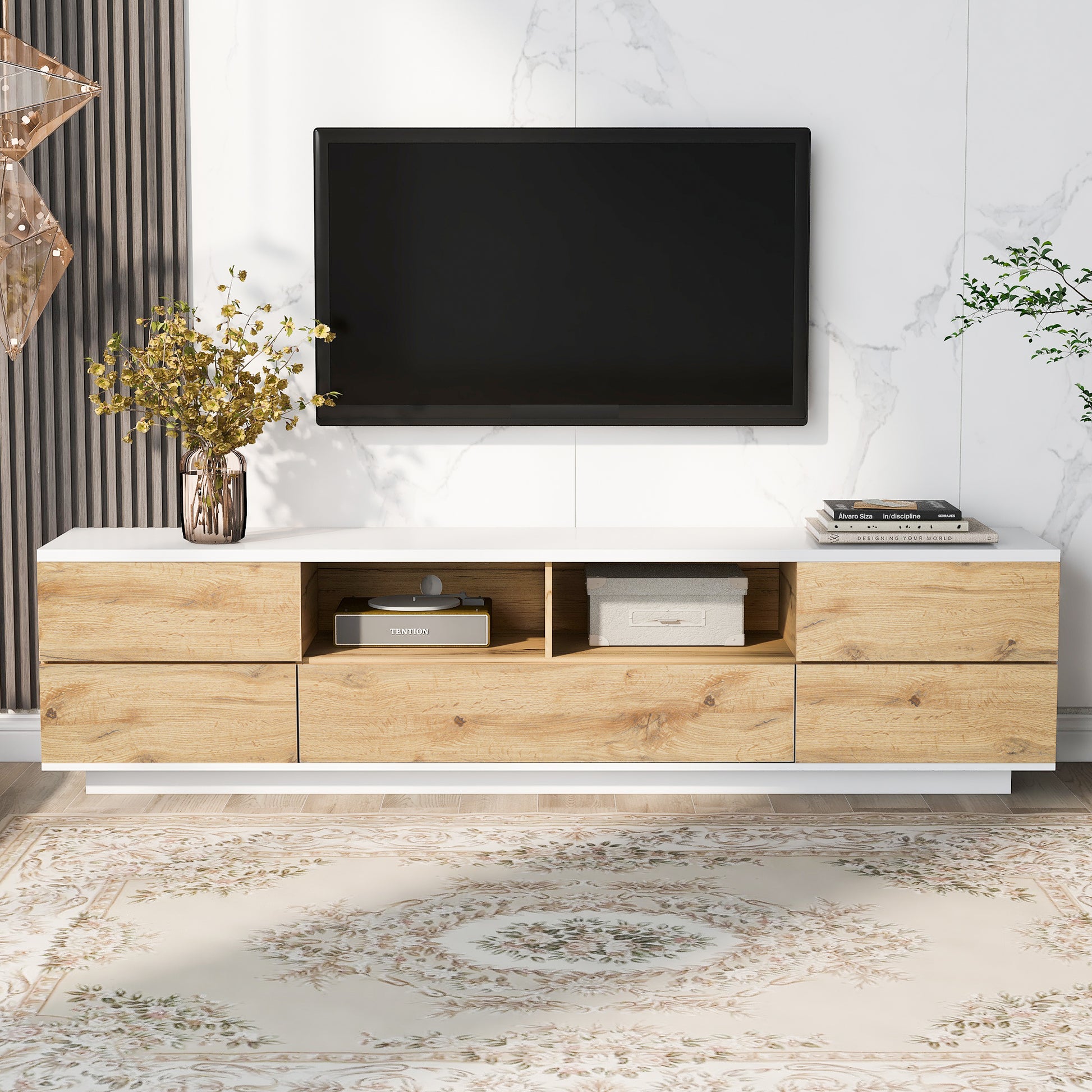 Modern Tv Stand For Tvs Up To 80''Media Console With Multi Functional Storage, Entertainment Center With Door Rebound Device, Tv Cabinet For Living Room,Bedroom White Natural Primary Living Space 70 79 Inches 70 79 Inches 75 Inches Mdf Metal