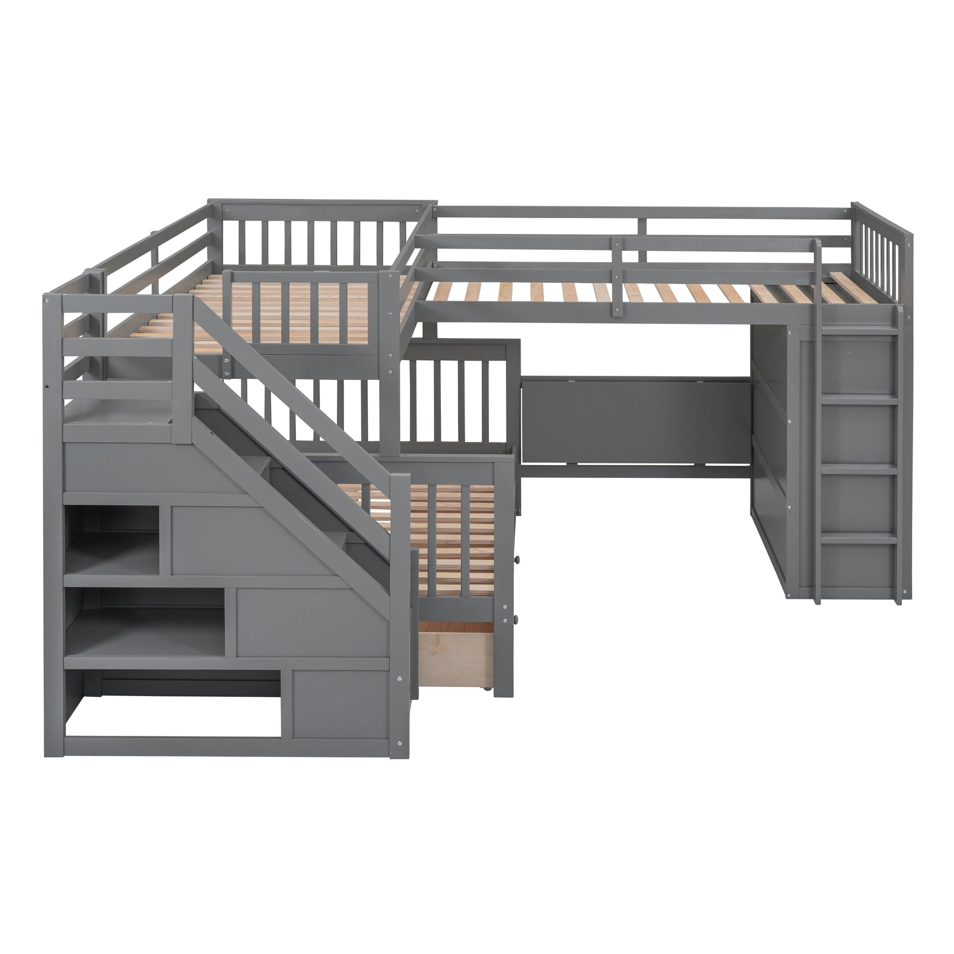 Twin Twin Over Full L Shaped Bunk Bed With 3 Drawers, Portable Desk And Wardrobe, Gray Gray Solid Wood