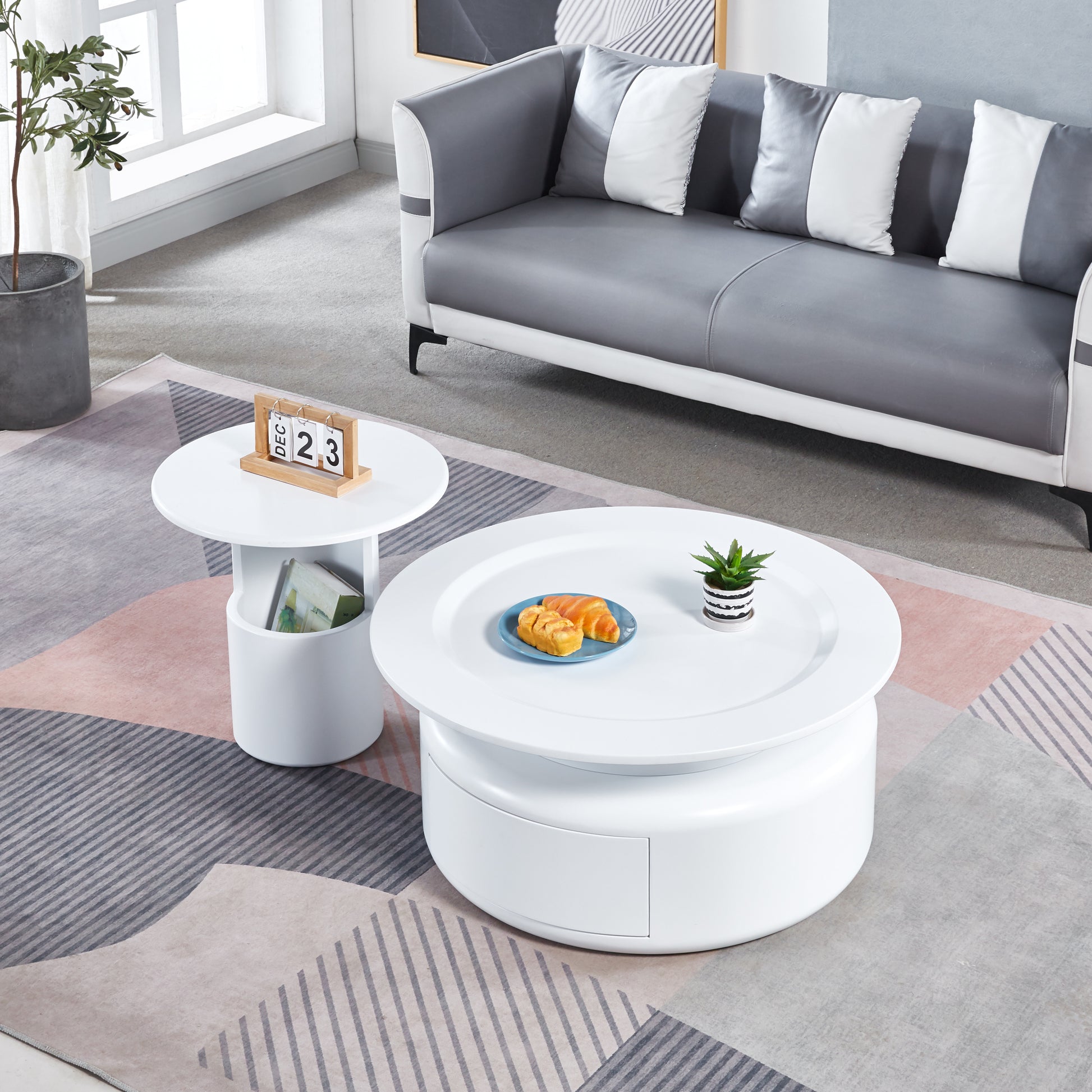 2 Pieces White Mdf Round Coffee Table Set For Living Room, Bedroom White Mdf