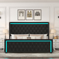 King Platform Bed Frame With High Headboard, Velvet Upholstered Bed With Deep Tufted Buttons, Adjustable Colorful Led Light Decorative Headboard, Wide Wingbacks, Black King Black Velvet