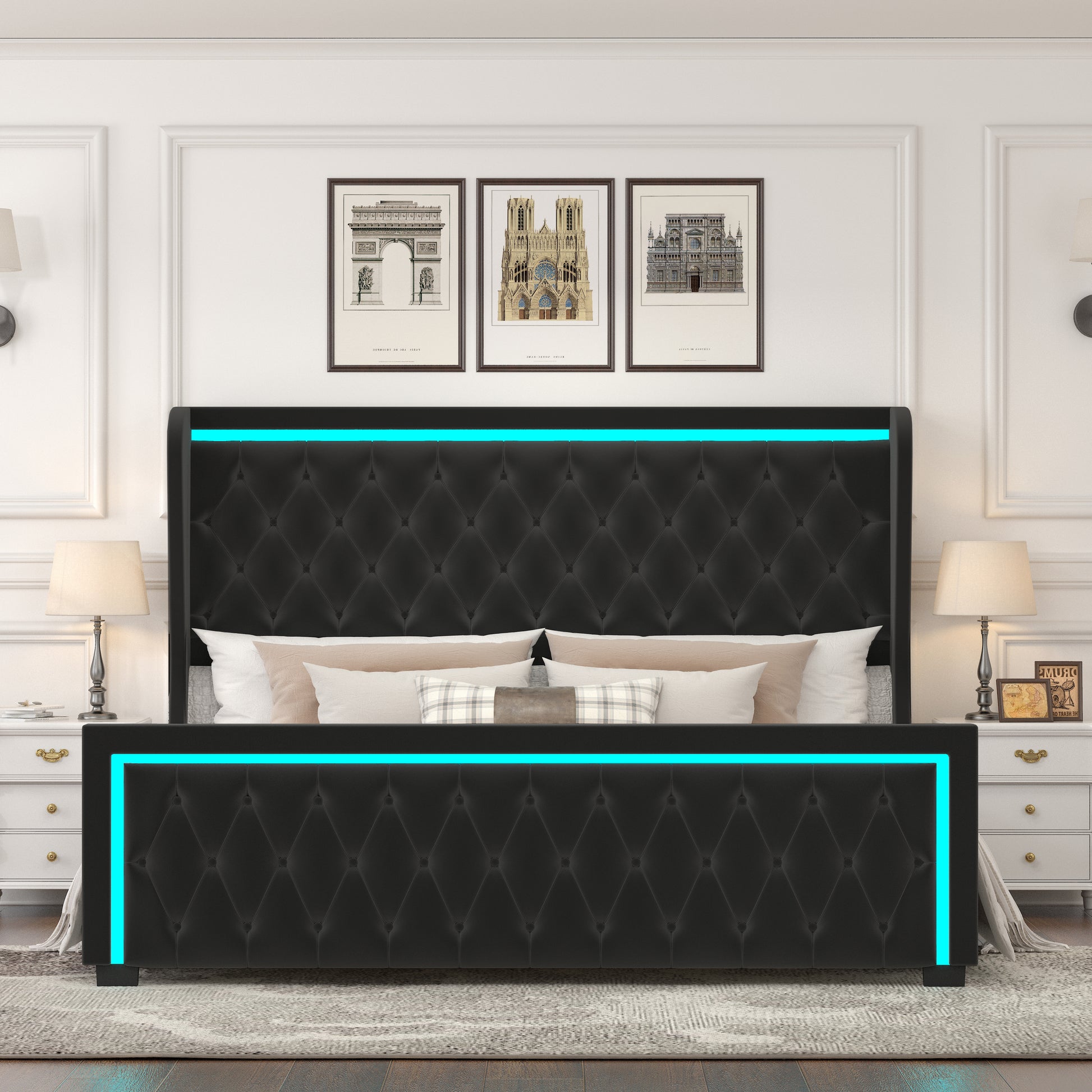 King Platform Bed Frame With High Headboard, Velvet Upholstered Bed With Deep Tufted Buttons, Adjustable Colorful Led Light Decorative Headboard, Wide Wingbacks, Black King Black Velvet