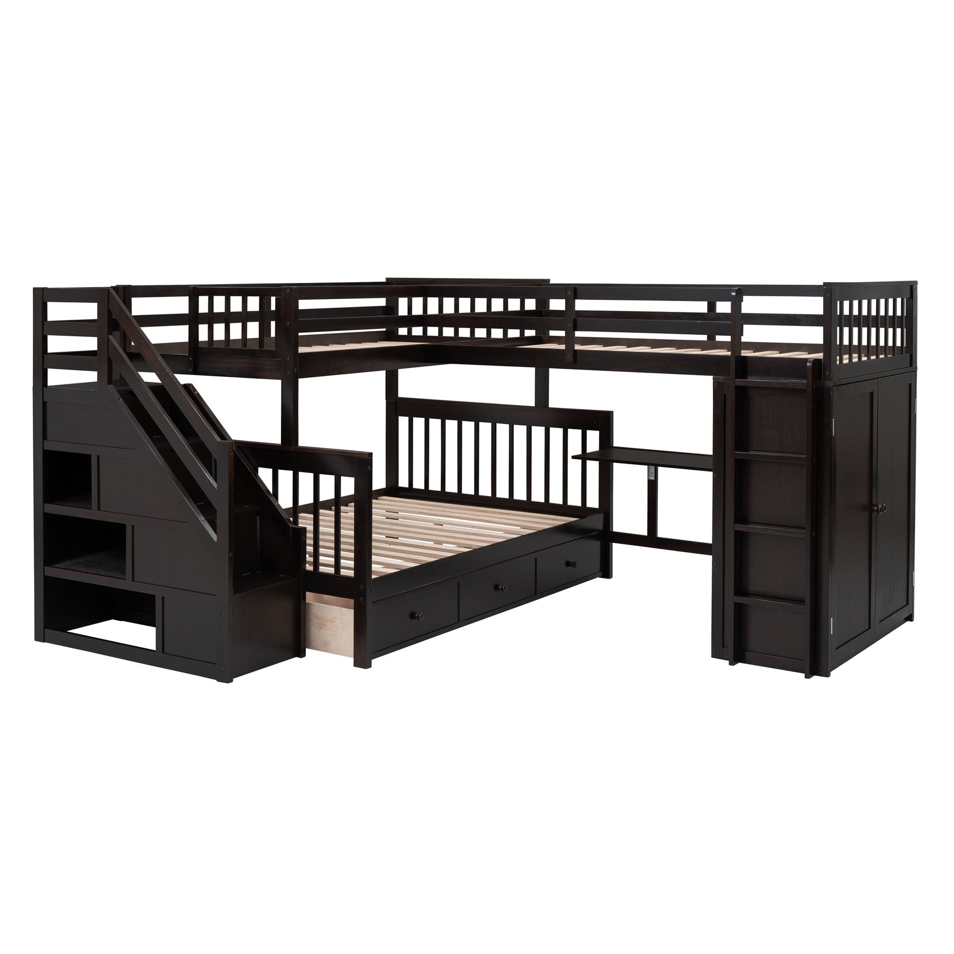 Twin Twin Over Full L Shaped Bunk Bed With 3 Drawers, Portable Desk And Wardrobe, Espresso Espresso Solid Wood