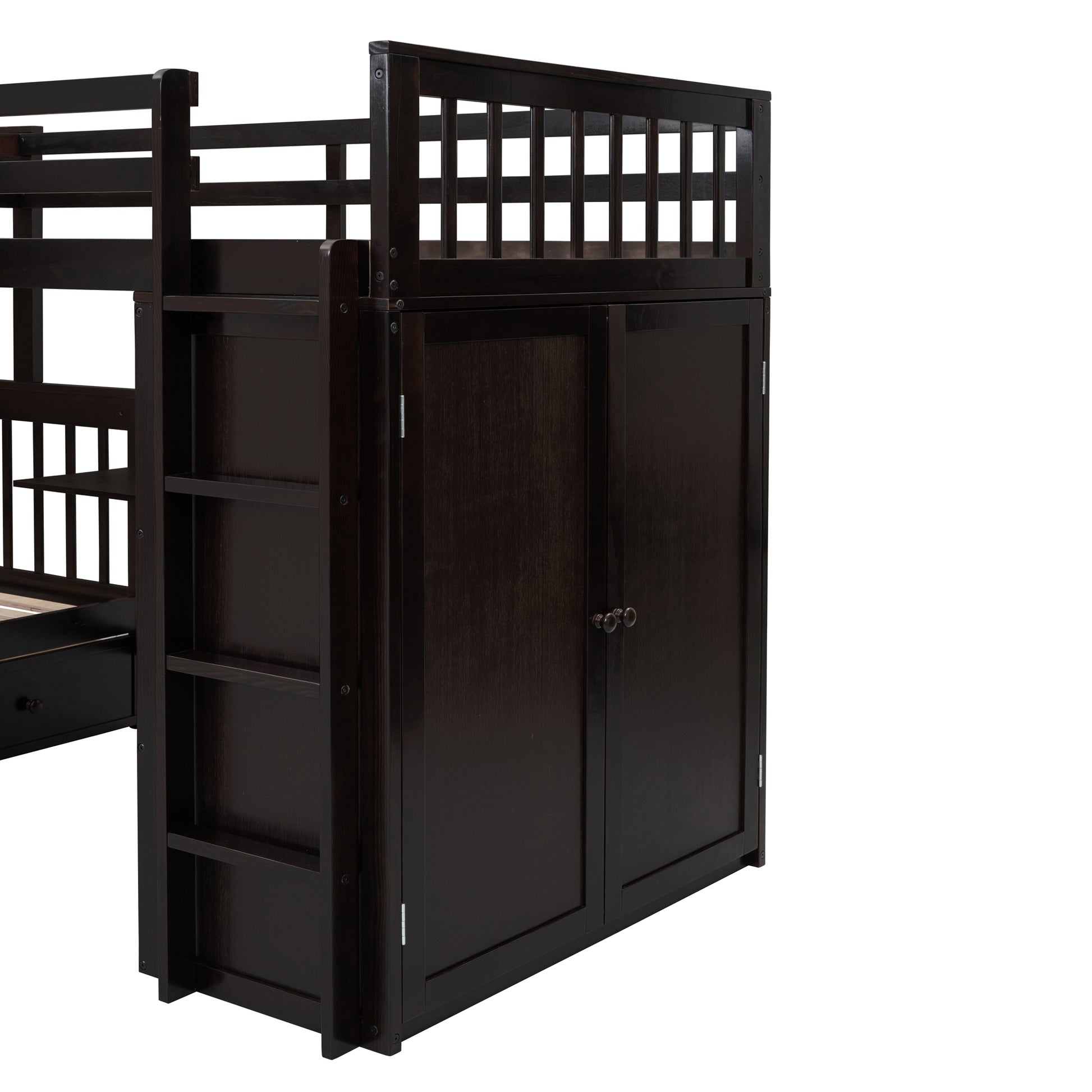 Twin Twin Over Full L Shaped Bunk Bed With 3 Drawers, Portable Desk And Wardrobe, Espresso Espresso Solid Wood