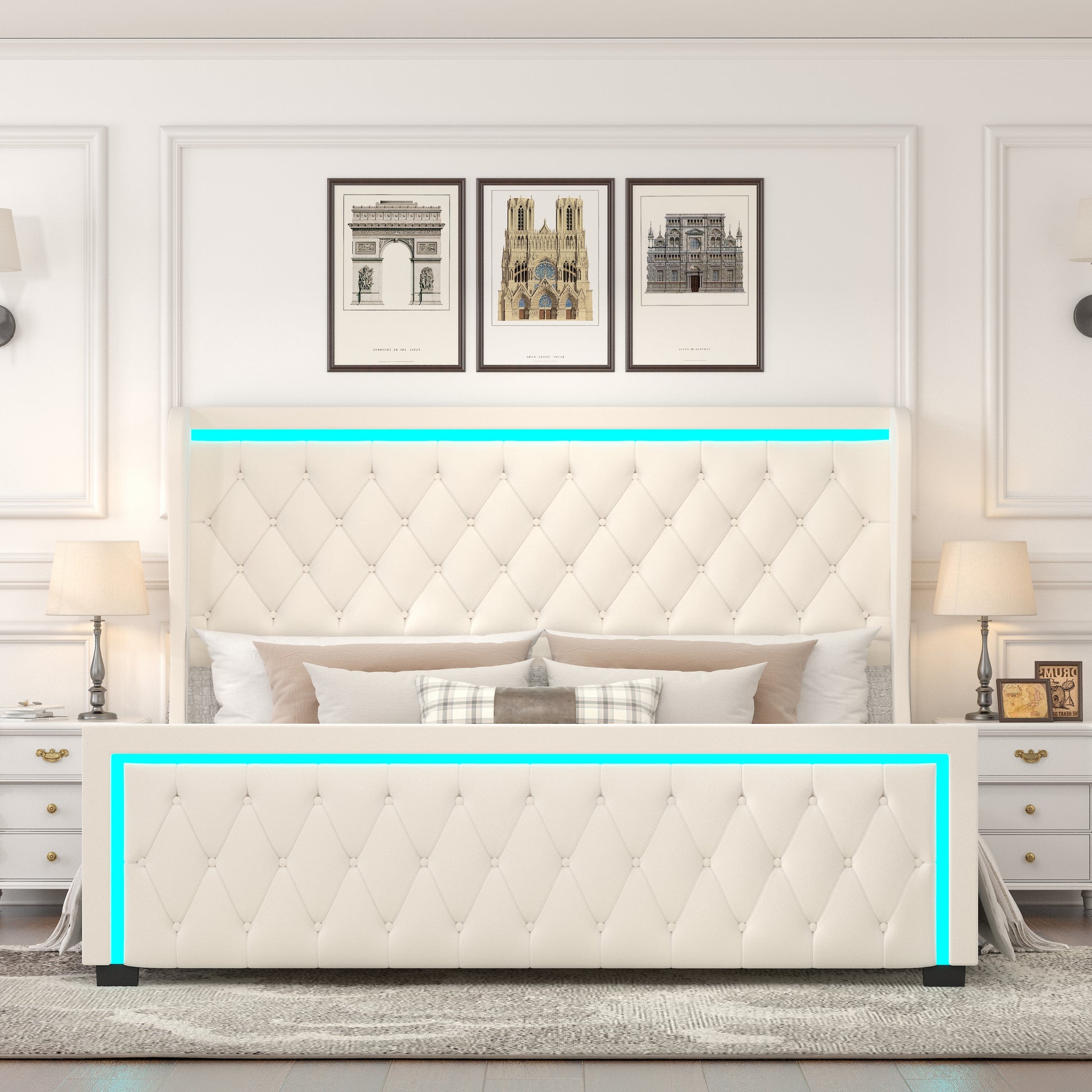 Queen Platform Bed Frame With High Headboard, Velvet Upholstered Bed With Deep Tufted Buttons, Adjustable Colorful Led Light Decorative Headboard, Wide Wingbacks, Beige Queen Beige Velvet