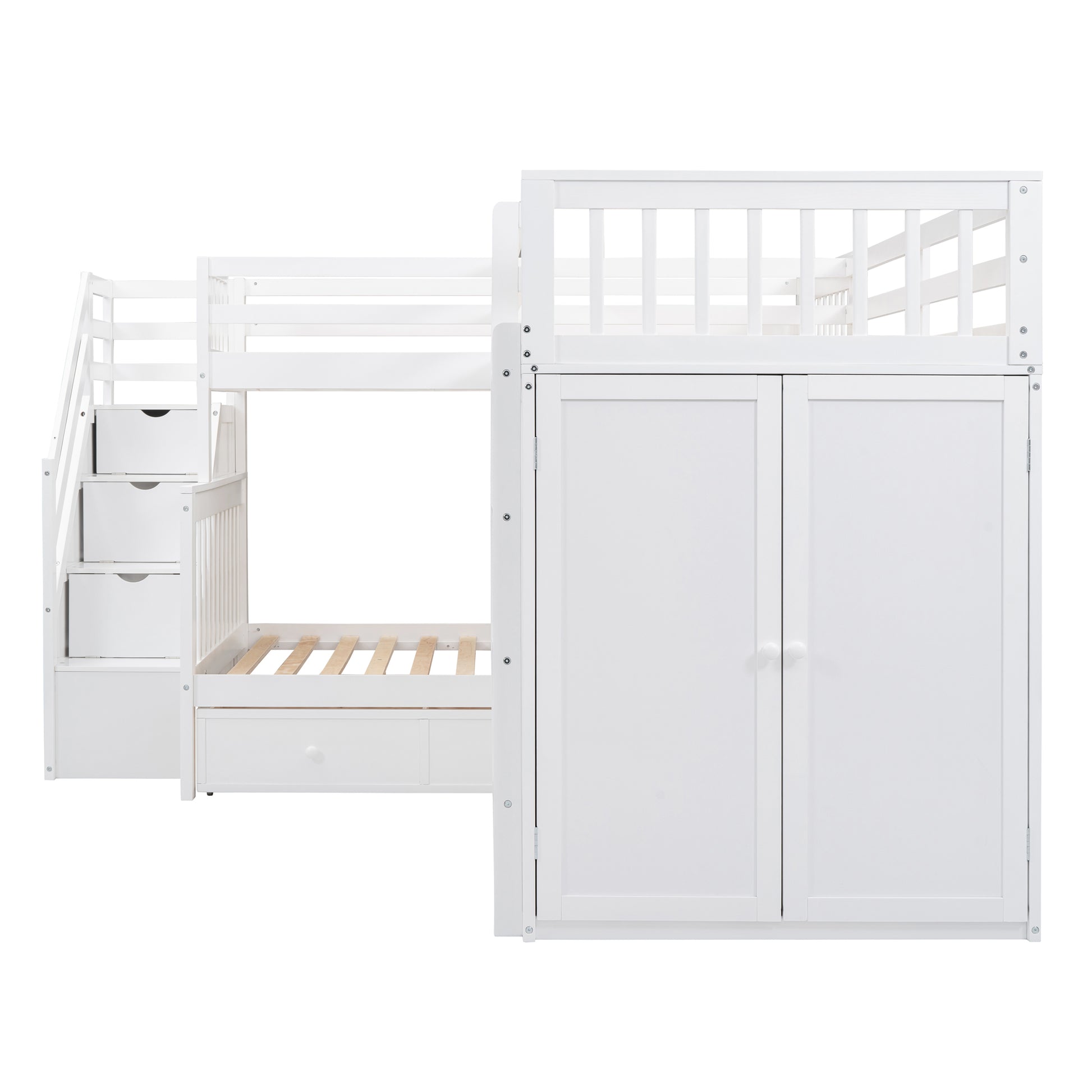 Twin Twin Over Full L Shaped Bunk Bed With 3 Drawers, Portable Desk And Wardrobe, White White Solid Wood