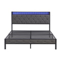 Full Bed Frame With Storage Headboard, Charging Station And Led Lights, Upholstered Platform Bed With Heavy Metal Slats, No Box Spring Needed, Noise Free, Easy Assembly, Dark Gray Box Spring Not Required Full Gray Metal Bedroom Bed Frame Metal