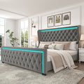 King Platform Bed Frame With High Headboard, Velvet Upholstered Bed With Deep Tufted Buttons, Adjustable Colorful Led Light Decorative Headboard, Wide Wingbacks, Grey King Grey Velvet