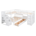 Twin Twin Over Full L Shaped Bunk Bed With 3 Drawers, Portable Desk And Wardrobe, White White Solid Wood