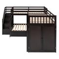 Twin Twin Over Full L Shaped Bunk Bed With 3 Drawers, Portable Desk And Wardrobe, Espresso Espresso Solid Wood