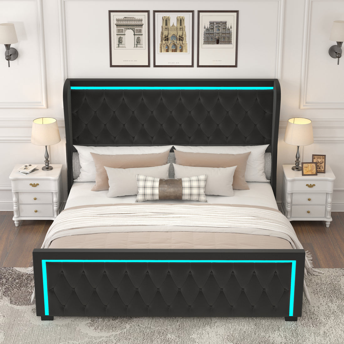 King Platform Bed Frame With High Headboard, Velvet Upholstered Bed With Deep Tufted Buttons, Adjustable Colorful Led Light Decorative Headboard, Wide Wingbacks, Black King Black Velvet