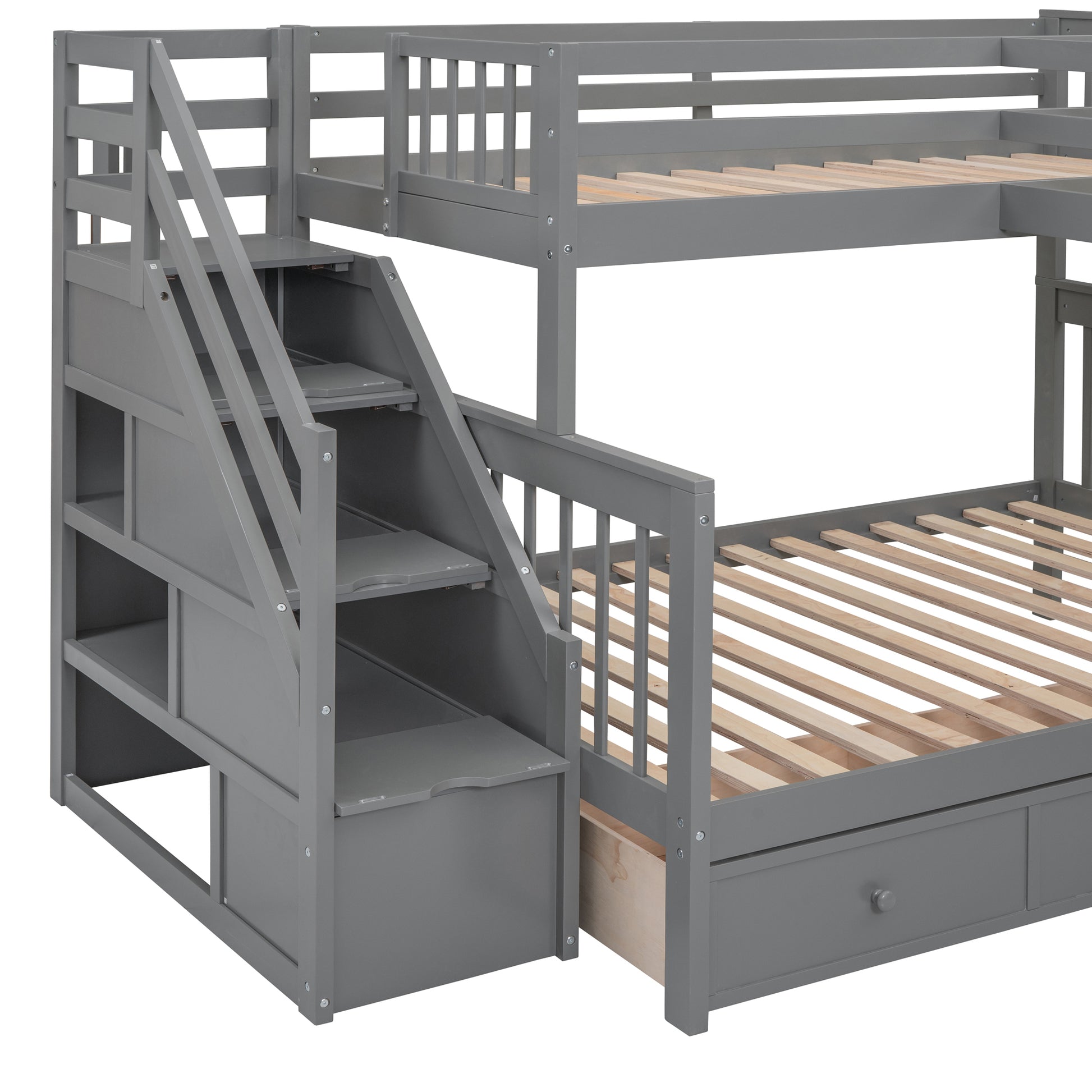 Twin Twin Over Full L Shaped Bunk Bed With 3 Drawers, Portable Desk And Wardrobe, Gray Gray Solid Wood