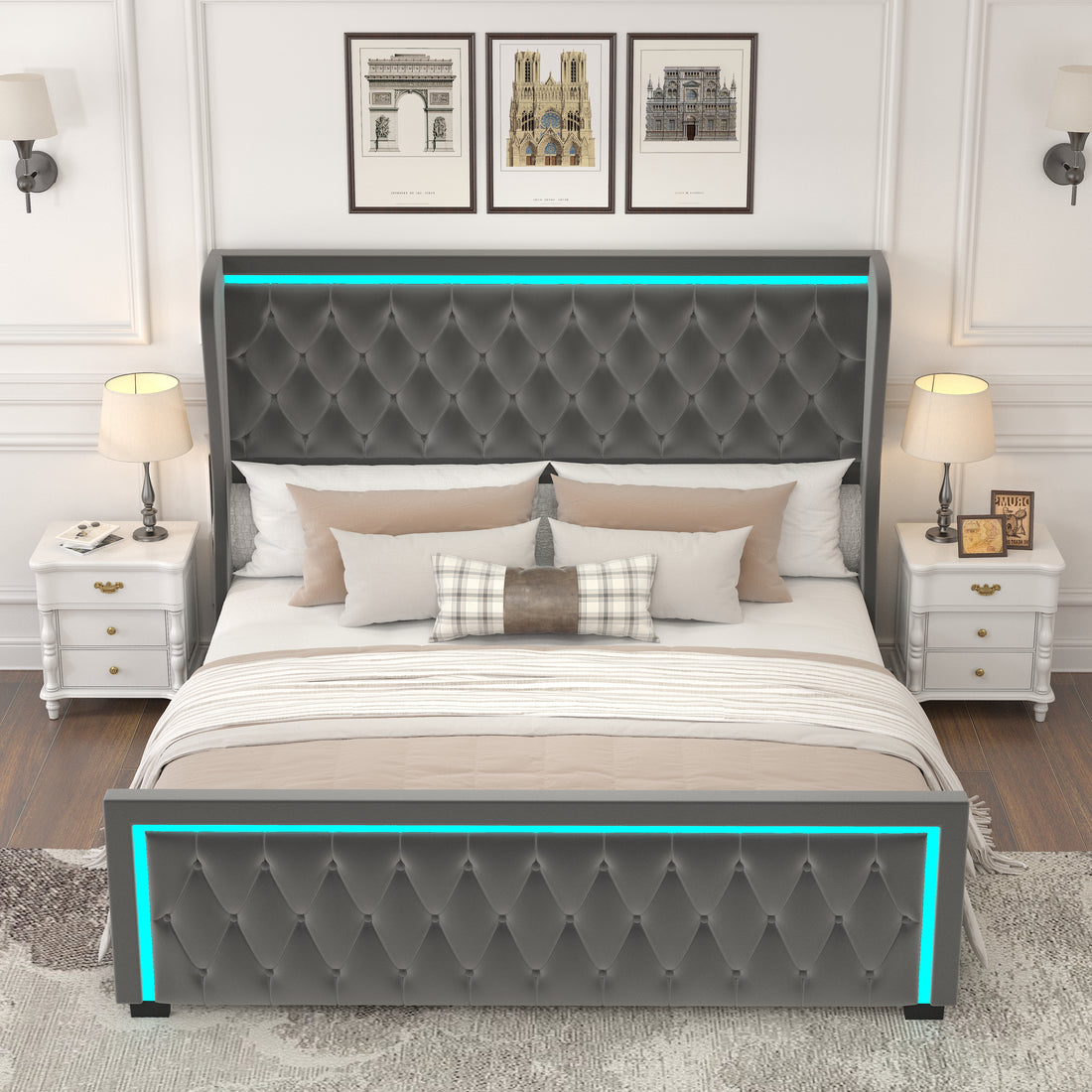 King Platform Bed Frame With High Headboard, Velvet Upholstered Bed With Deep Tufted Buttons, Adjustable Colorful Led Light Decorative Headboard, Wide Wingbacks, Grey King Grey Velvet