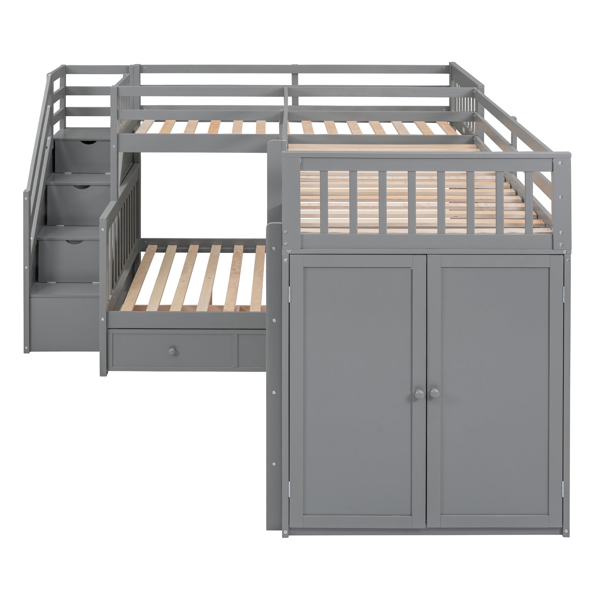 Twin Twin Over Full L Shaped Bunk Bed With 3 Drawers, Portable Desk And Wardrobe, Gray Gray Solid Wood