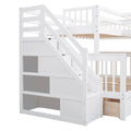 Twin Twin Over Full L Shaped Bunk Bed With 3 Drawers, Portable Desk And Wardrobe, White White Solid Wood